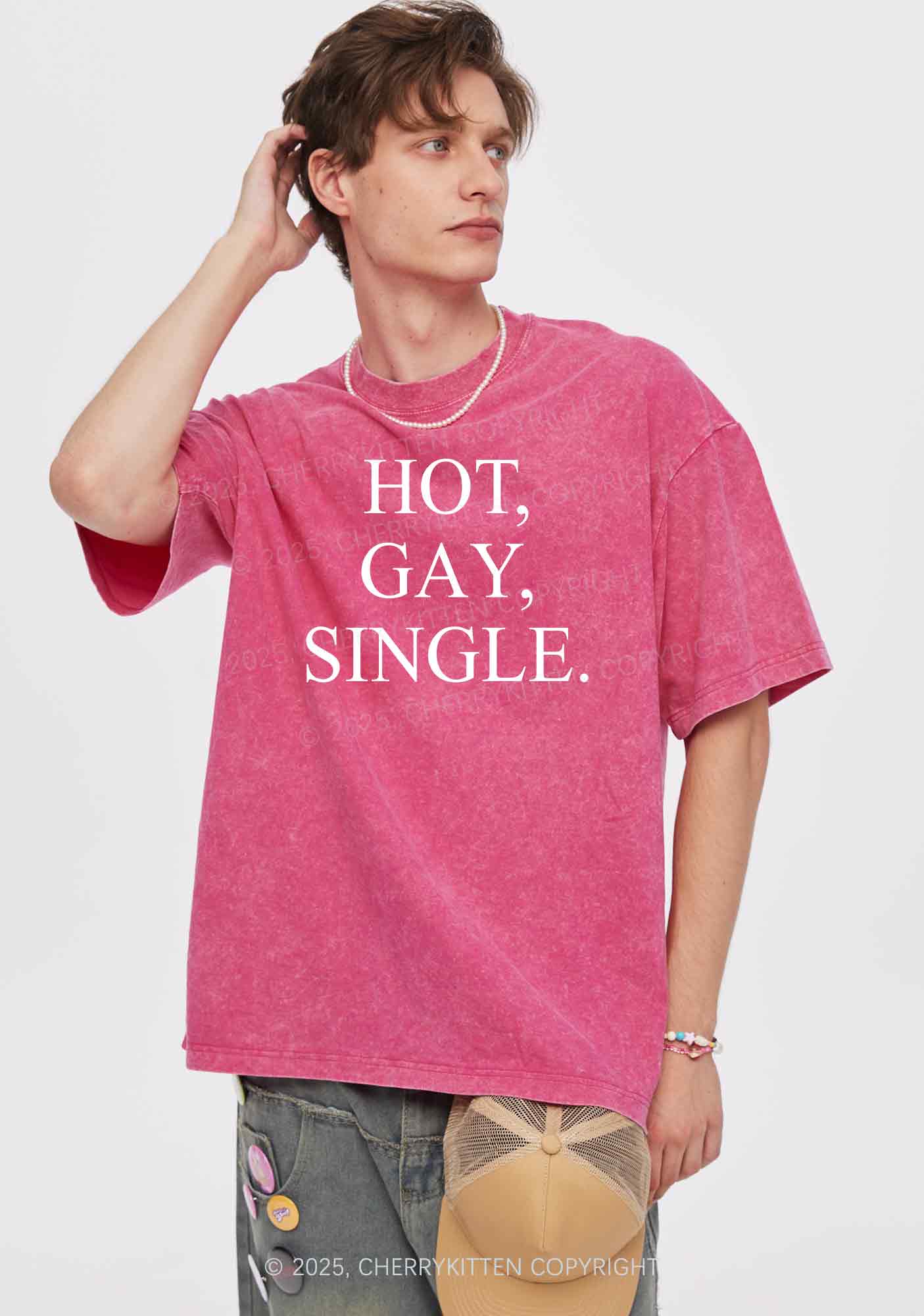 Hot Gay Single Pride Y2K Shirts Washed Tee Cherrykitten - Image 2