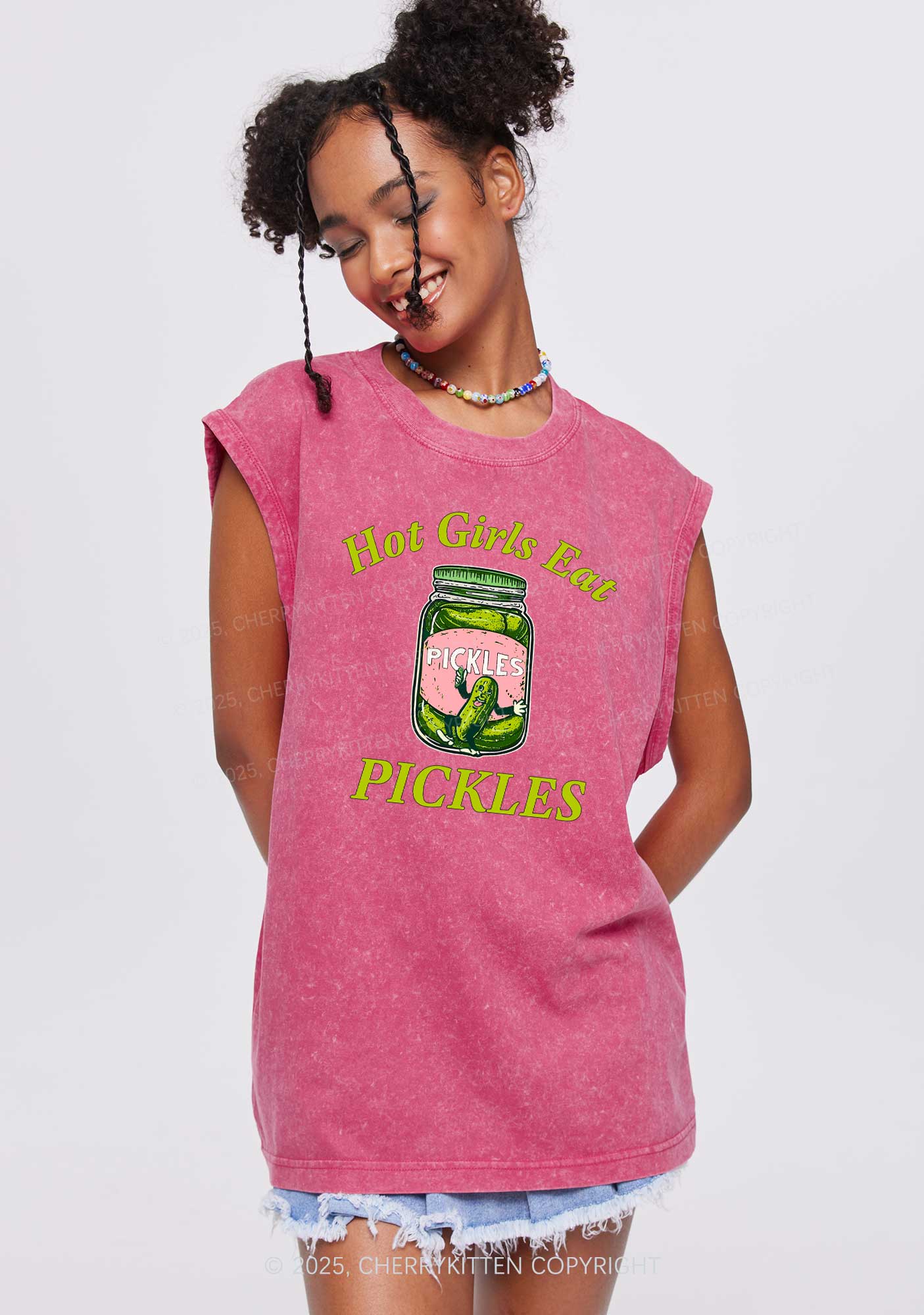 Hot Girls Eat Pickles Y2K Washed Muscle Tank Cherrykitten - Image 2