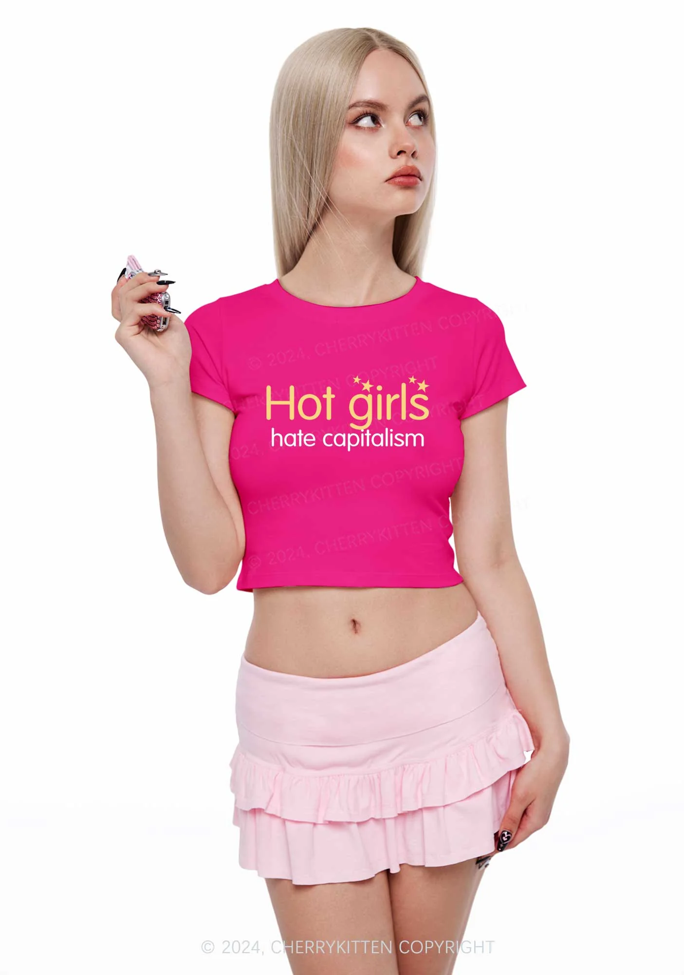 Hot Girls Hate Capitalism Y2K Baby Tee Cherrykitten - Image 2