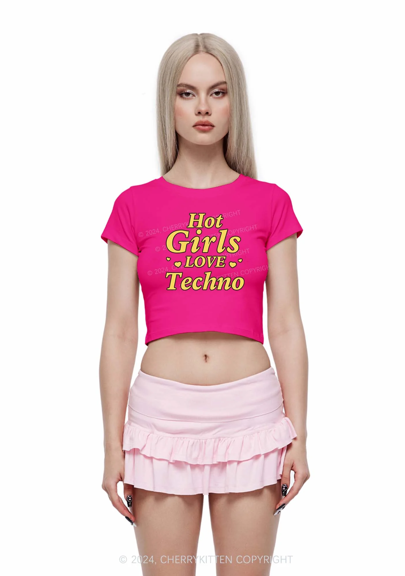 Hot Girls Love Techno Y2K Baby Tee Cherrykitten - Image 2
