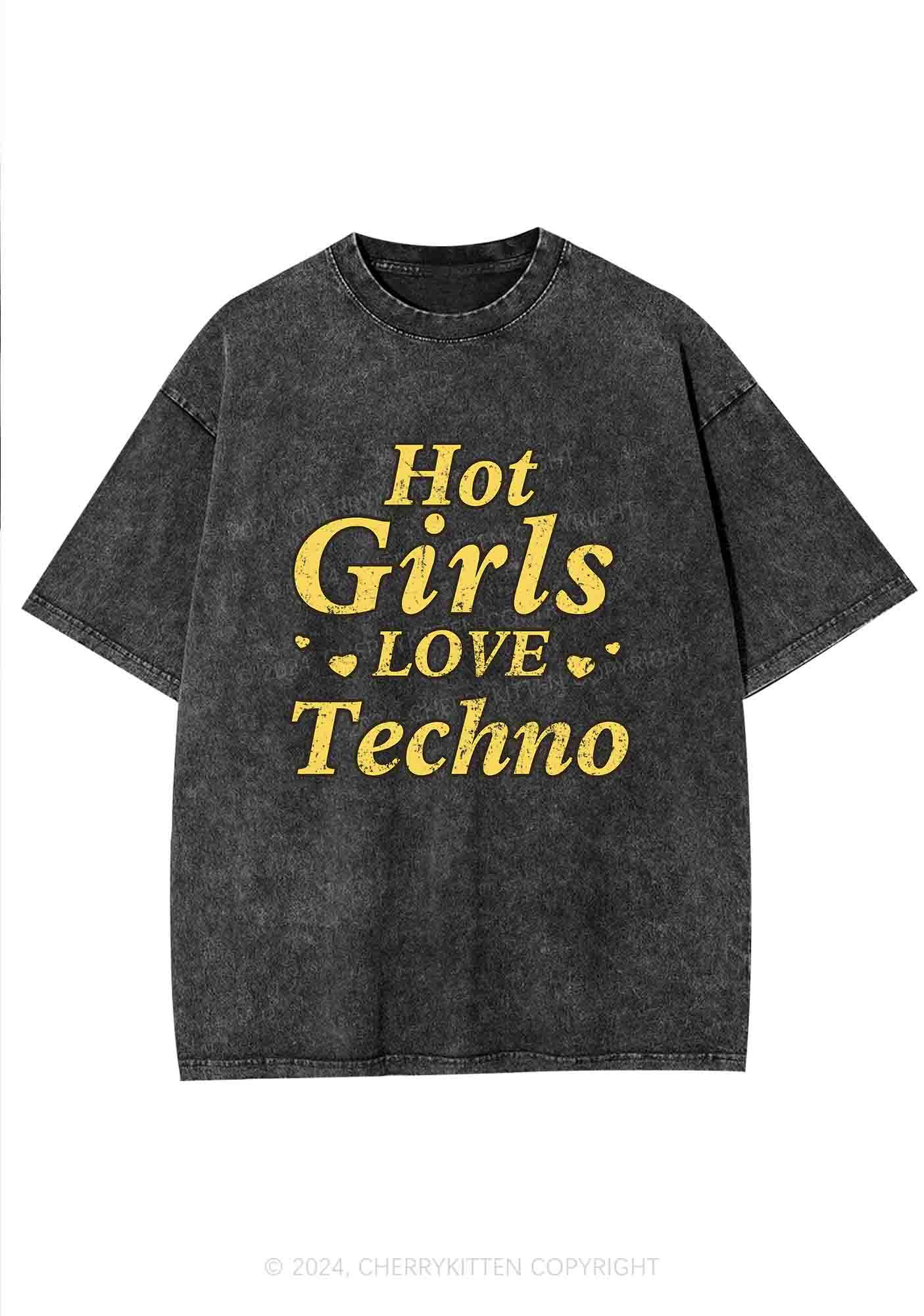 Hot Girls Love Techno Y2K Washed Tee Cherrykitten - Image 3