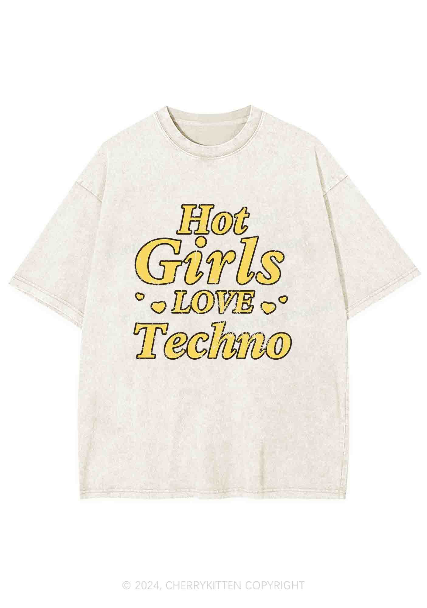 Hot Girls Love Techno Y2K Washed Tee Cherrykitten - Image 4