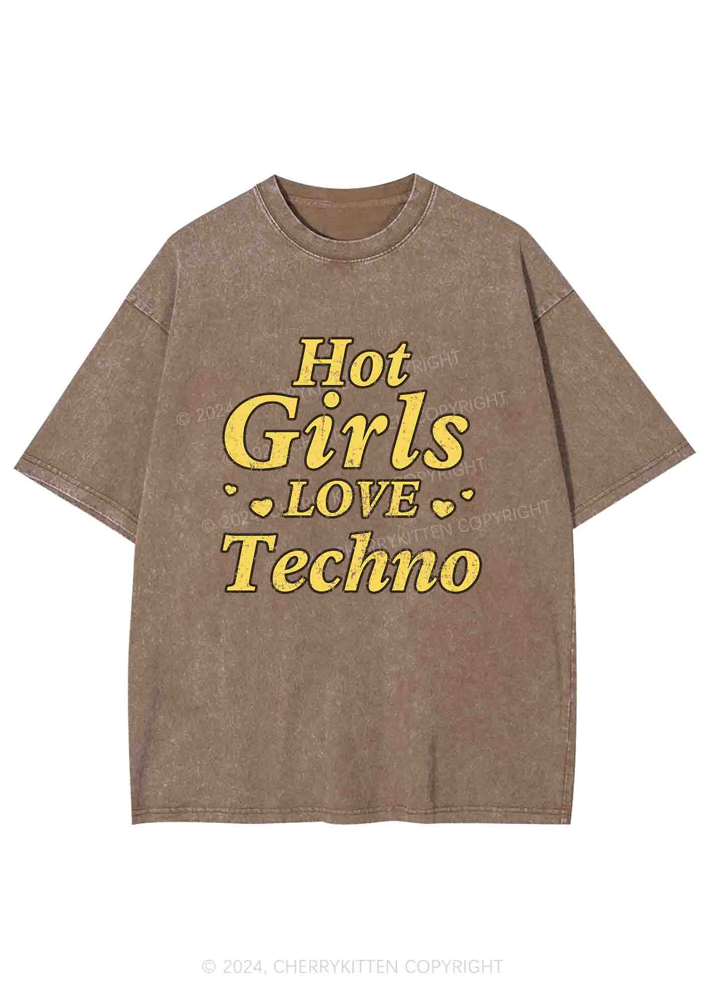 Hot Girls Love Techno Y2K Washed Tee Cherrykitten - Image 5