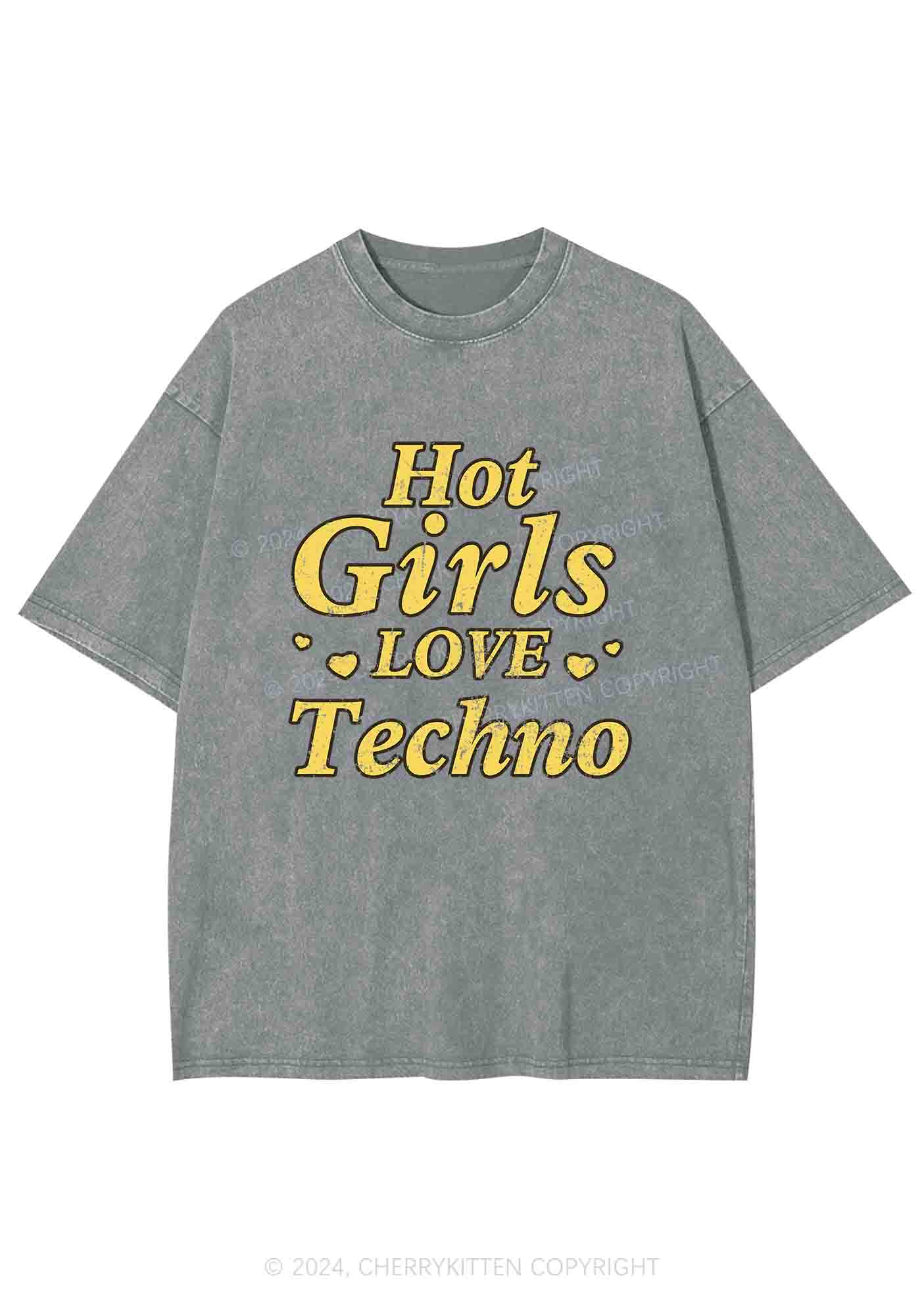 Hot Girls Love Techno Y2K Washed Tee Cherrykitten - Image 7