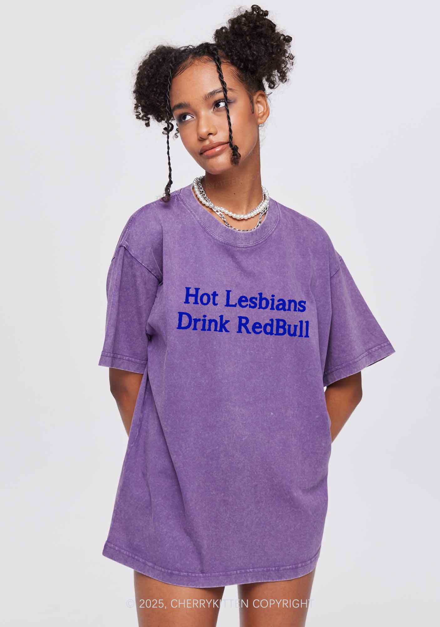 Hot Lesbians Drink Red Pride Y2K Shirts Washed Tee Cherrykitten - Image 2