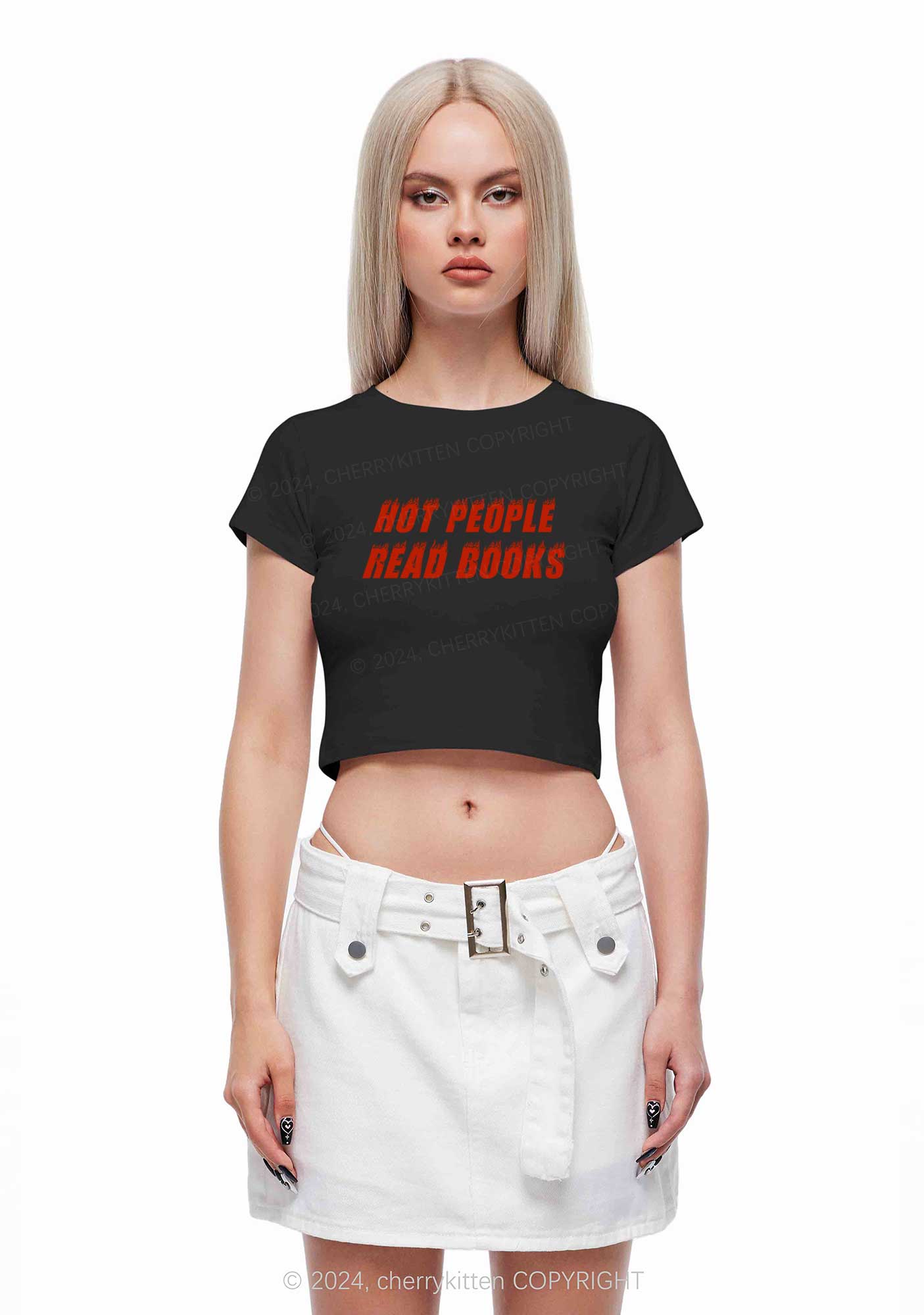 Hot People Read Books Y2K Baby Tee Cherrykitten - Image 3