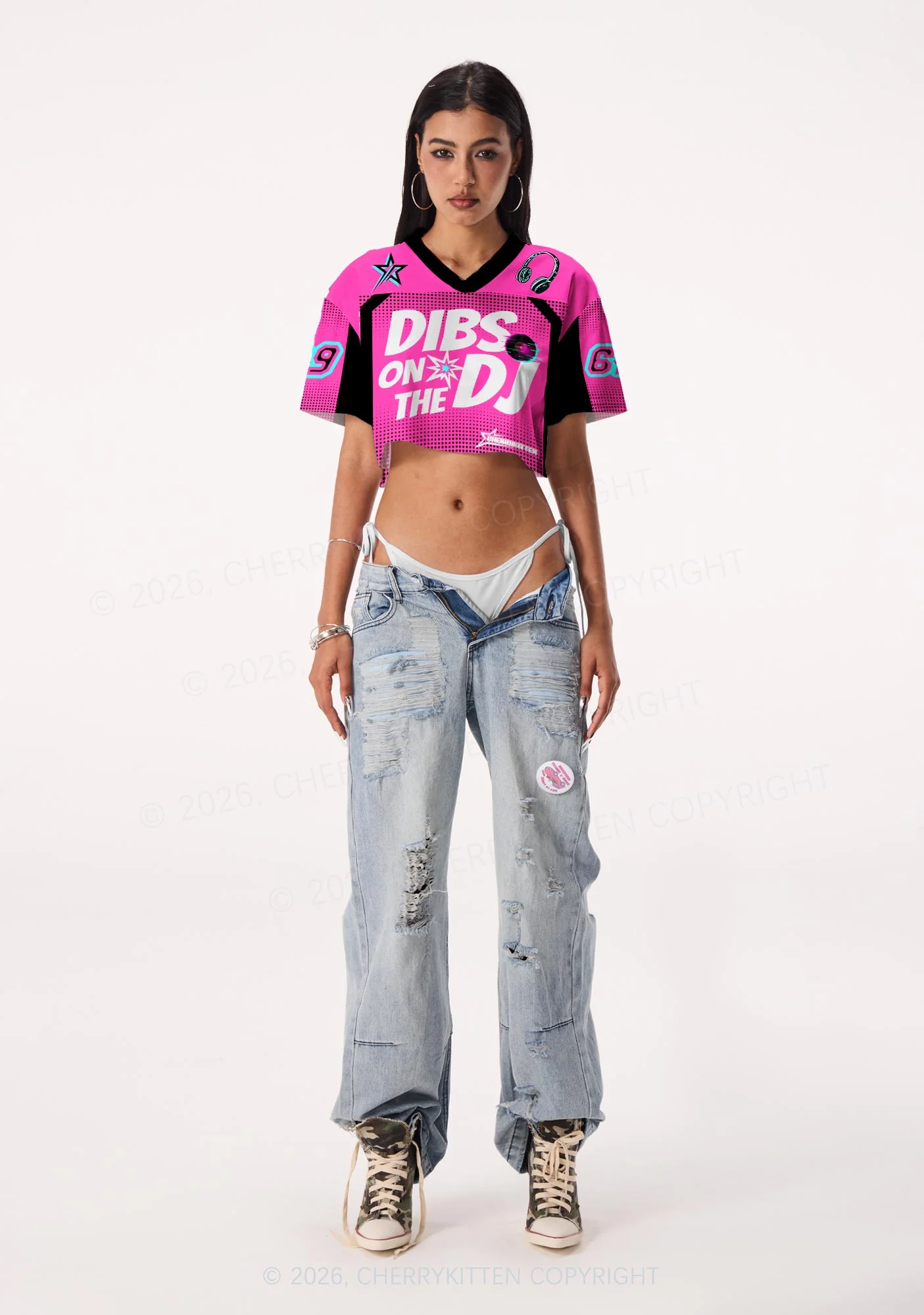 Hot Pink Dibs On The DJ Y2K Crop Sport Jersey Shirts Cherrykitten - Image 2