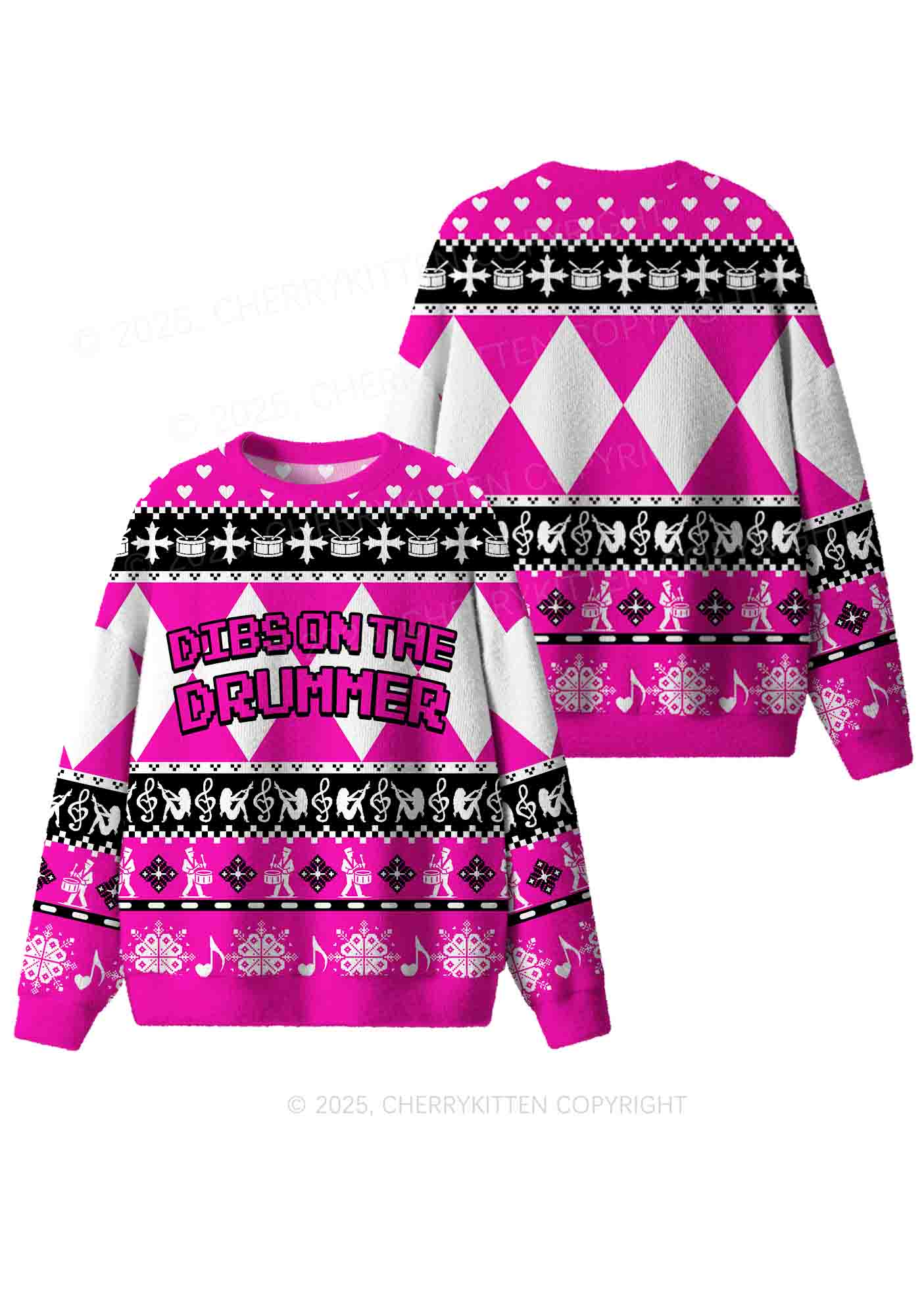 Hot Pink Dibs On The Drummer Y2K Christmas Knit Sweatshirt Cherrykitten - Image 3