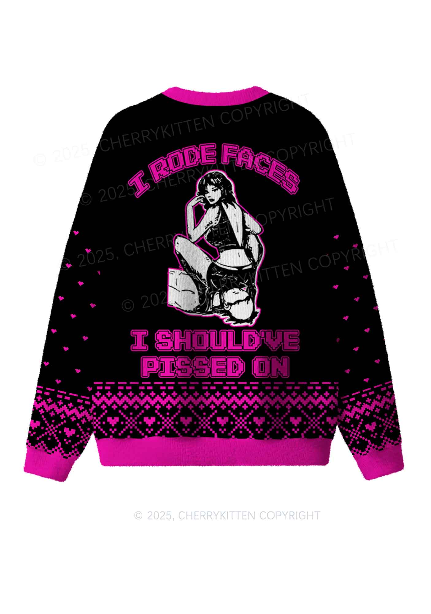 Hot Pink I Rode Faces Y2K Christmas Knit Sweatshirt Cherrykitten - Image 2