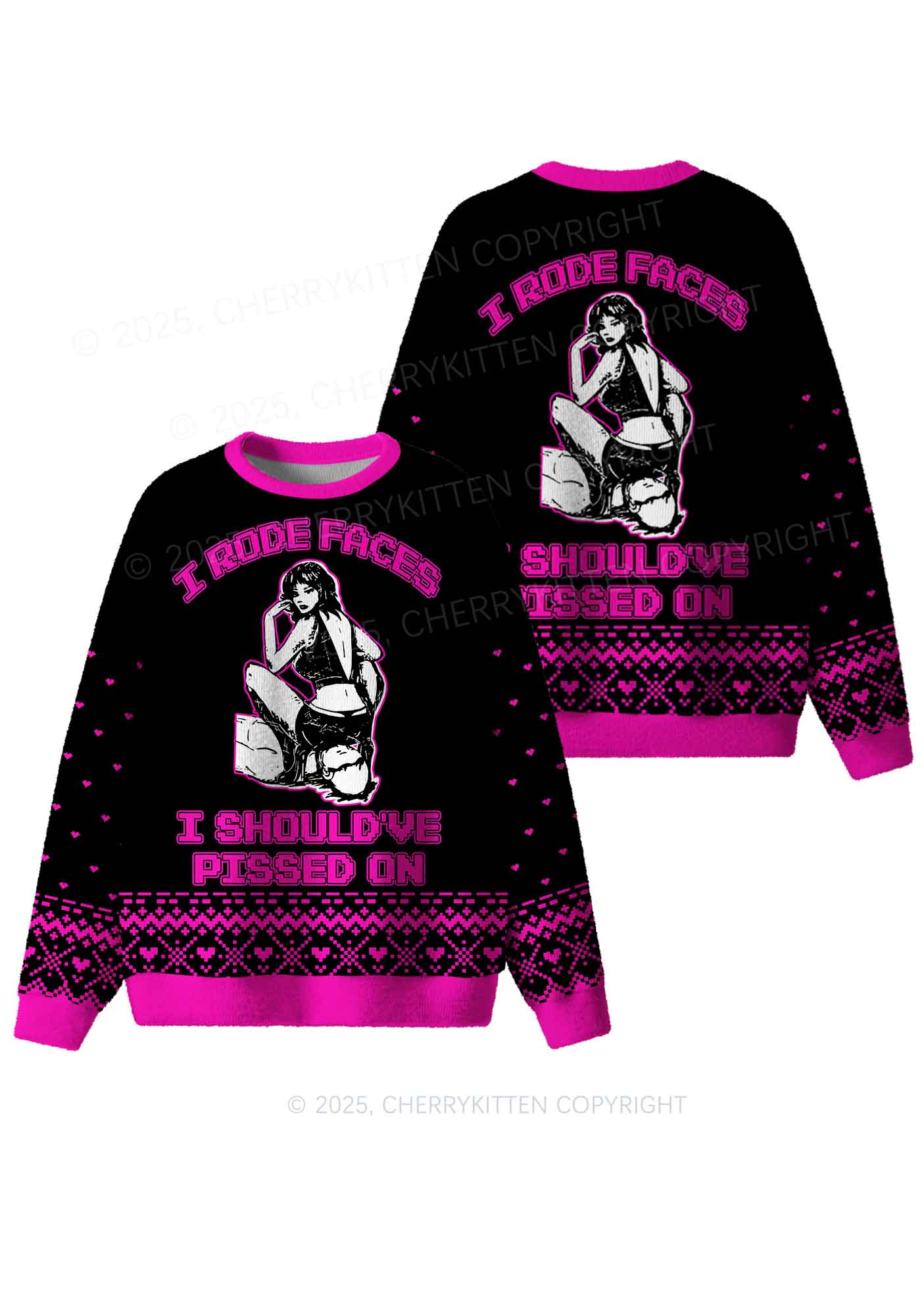 Hot Pink I Rode Faces Y2K Christmas Knit Sweatshirt Cherrykitten - Image 3