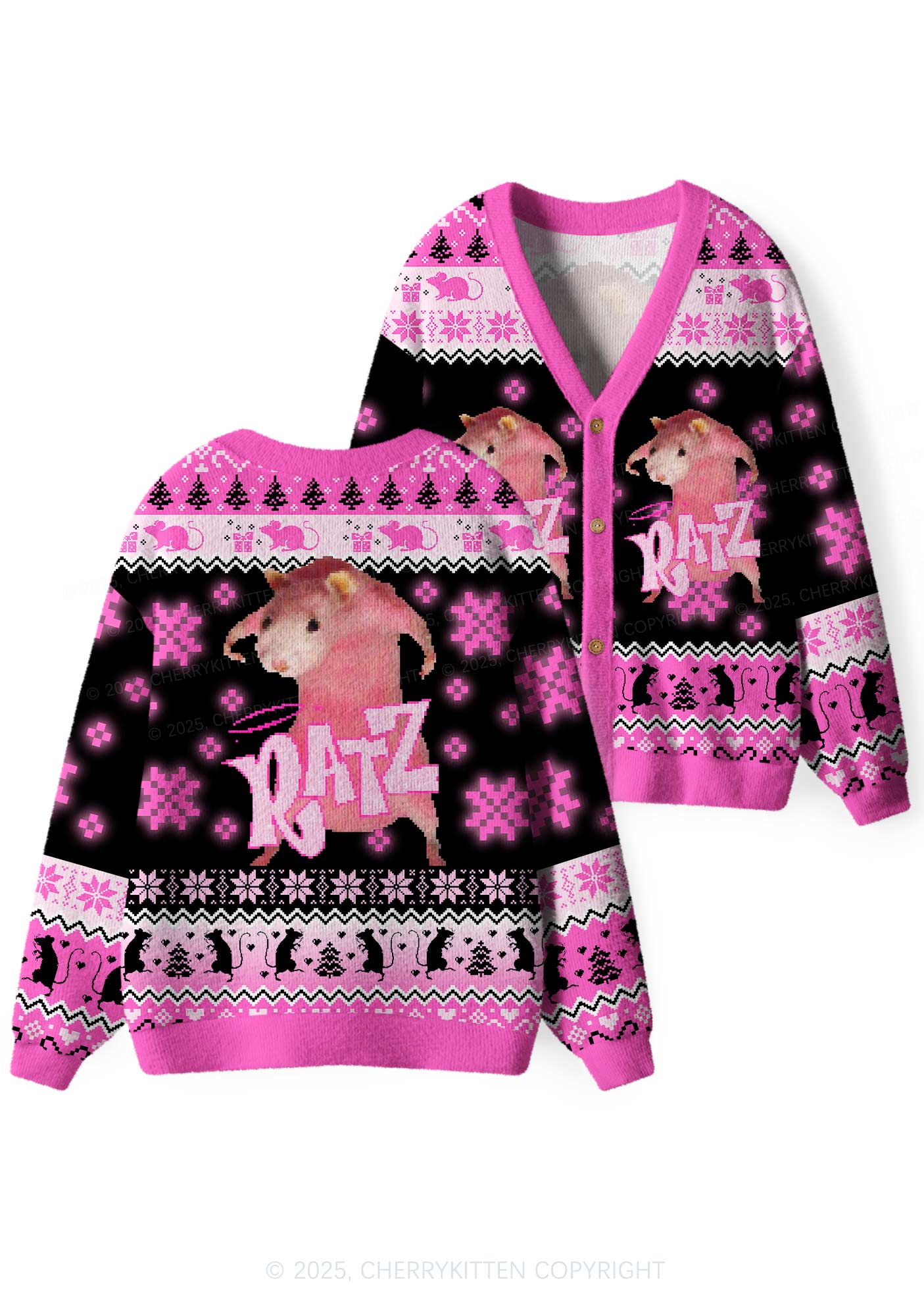 Hot Pink Ratz Y2K Christmas Cardigan Knit Sweatshirt Cherrykitten - Image 3