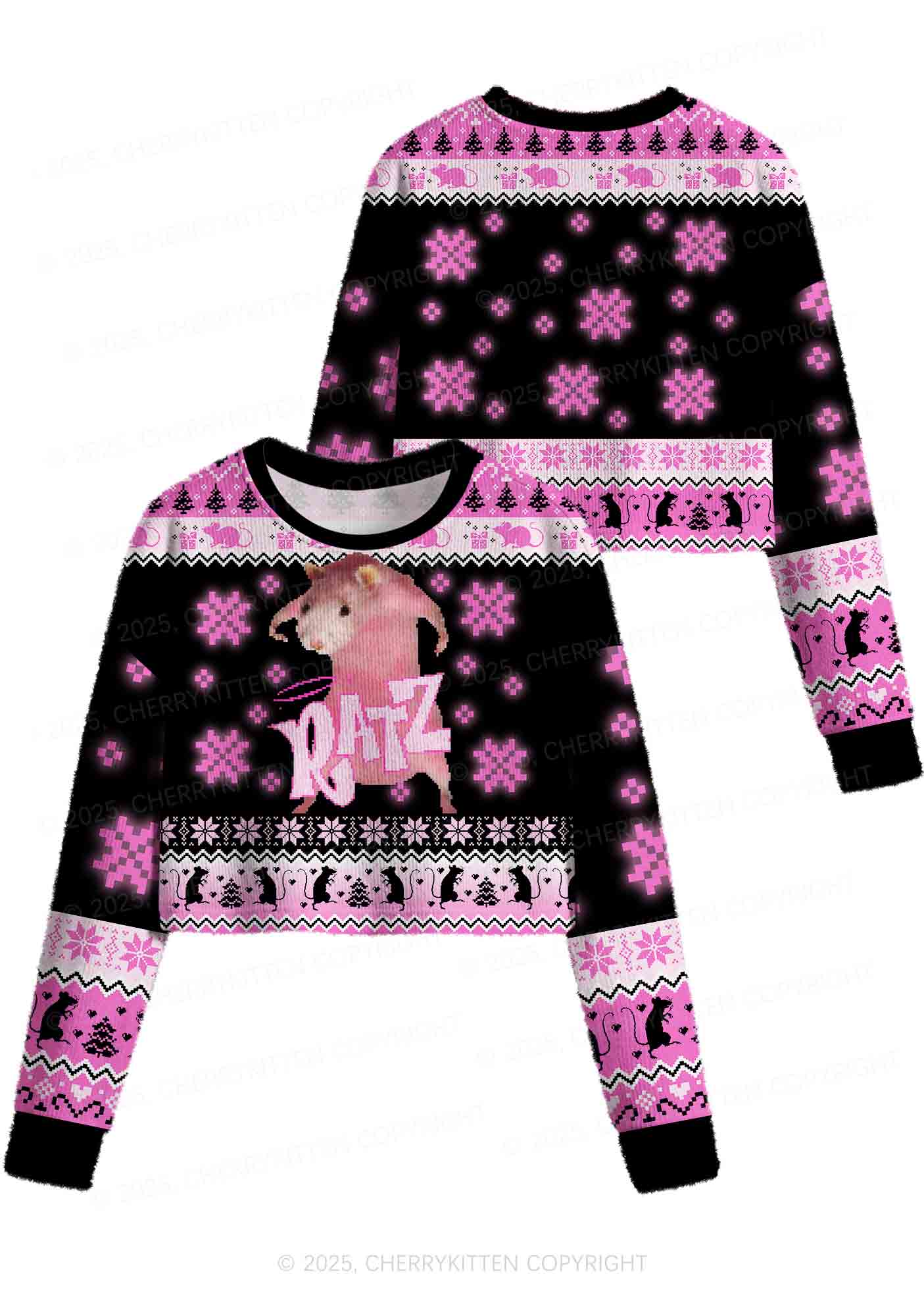 Hot Pink Ratz Y2K Christmas Crop Knit Sweatshirt Cherrykitten - Image 3