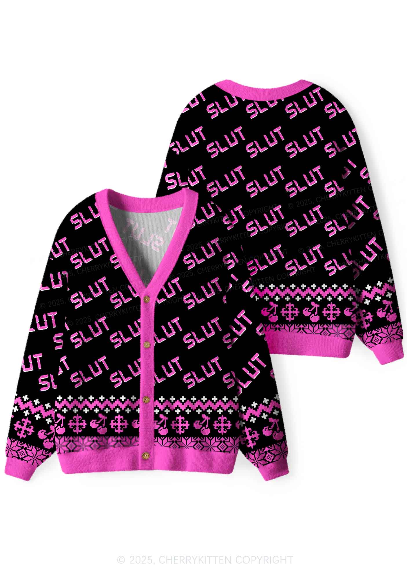 Hot Pink Slxt Y2K Christmas Cardigan Knit Sweatshirt Cherrykitten - Image 3