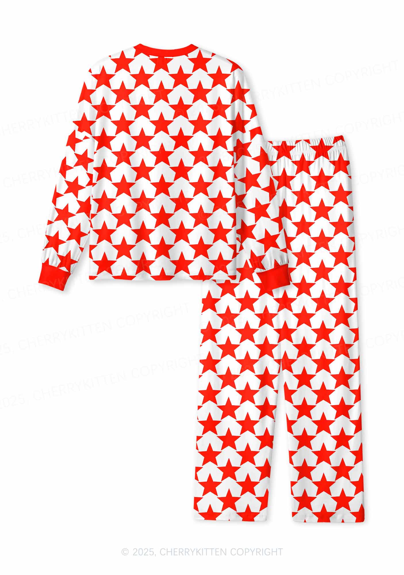 Hyper Red Stars Valentine's Day Y2K Print Long Sleeve Pajama Set Cherrykitten - Image 2