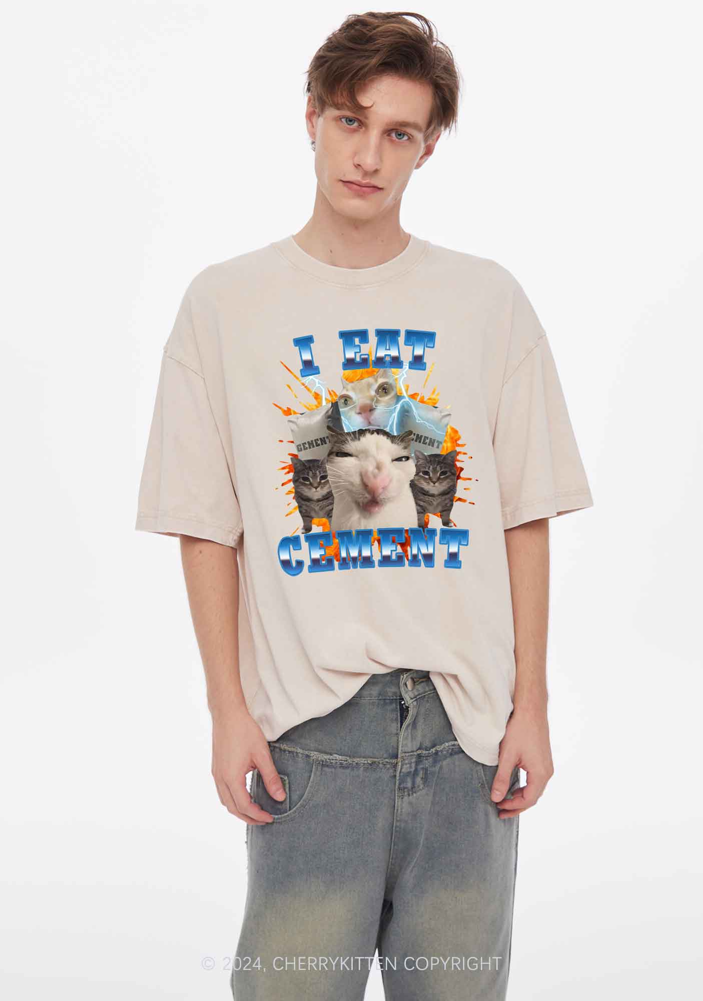 I Eat Cement Funny Cat Y2K Washed Tee Cherrykitten - Image 3