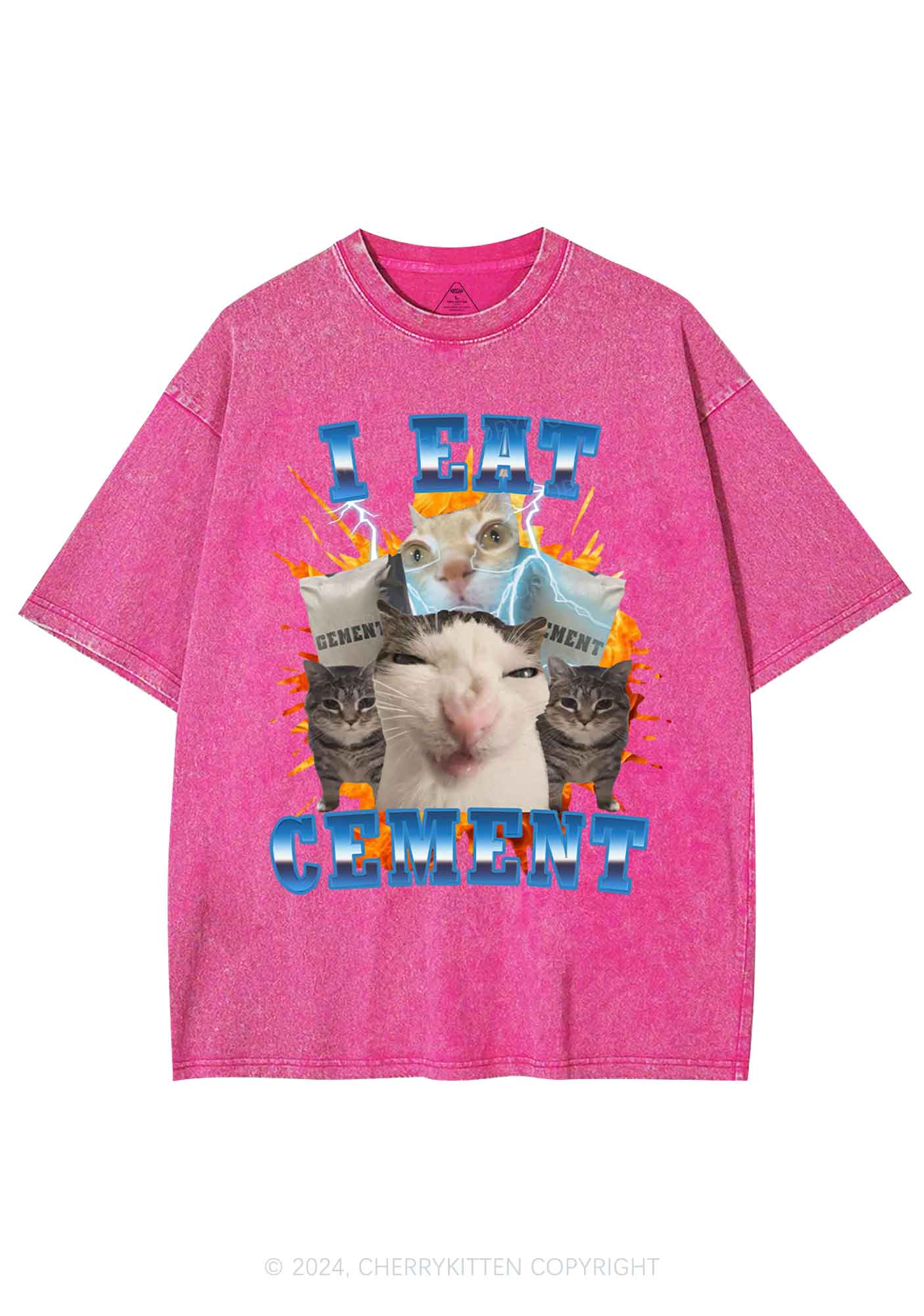 I Eat Cement Funny Cat Y2K Washed Tee Cherrykitten - Image 4