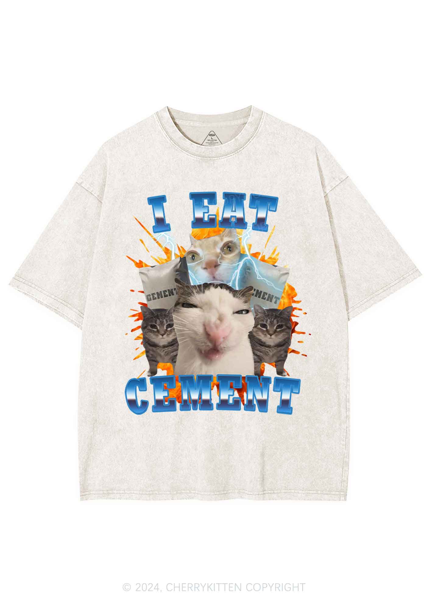 I Eat Cement Funny Cat Y2K Washed Tee Cherrykitten - Image 5