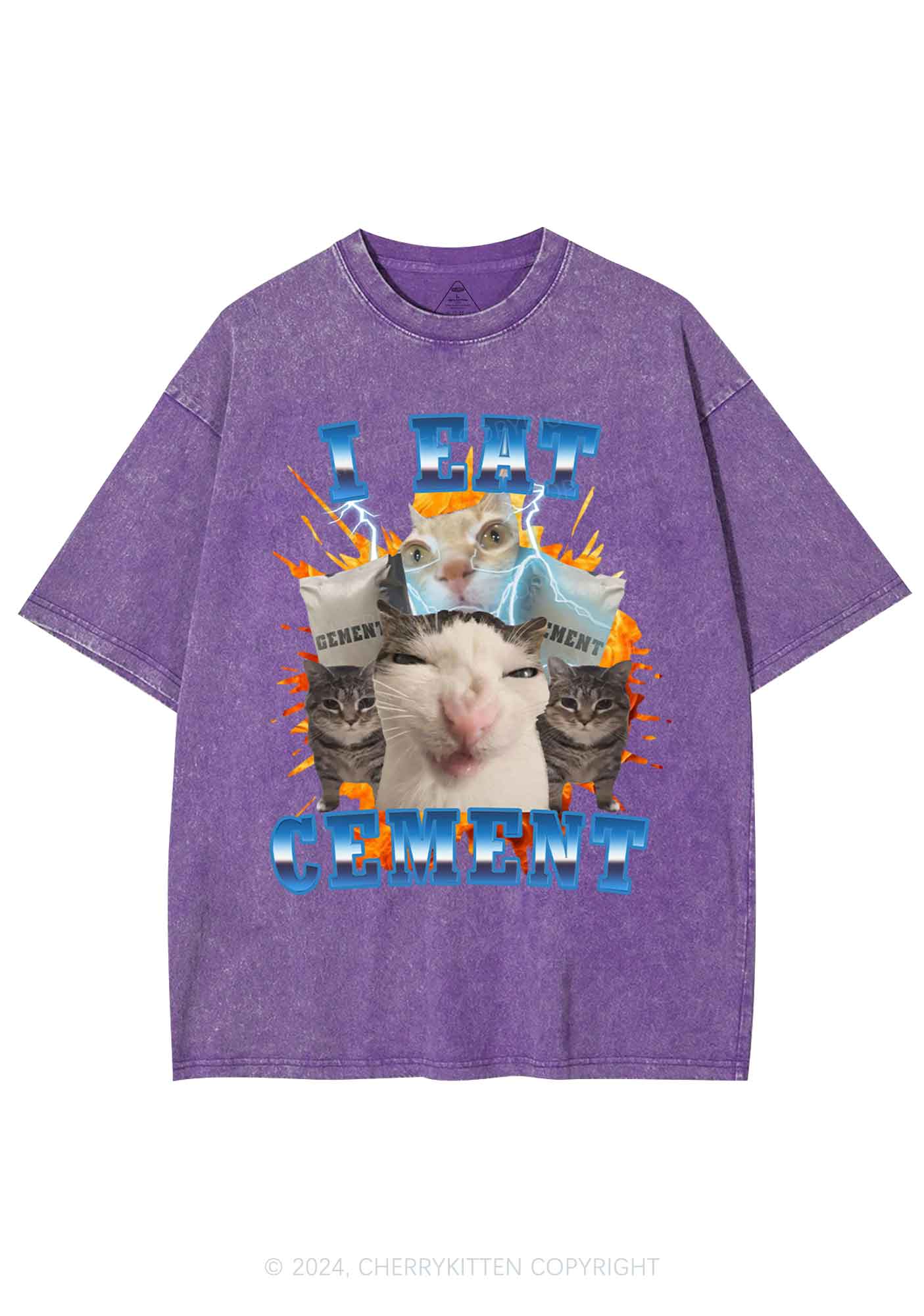 I Eat Cement Funny Cat Y2K Washed Tee Cherrykitten - Image 6