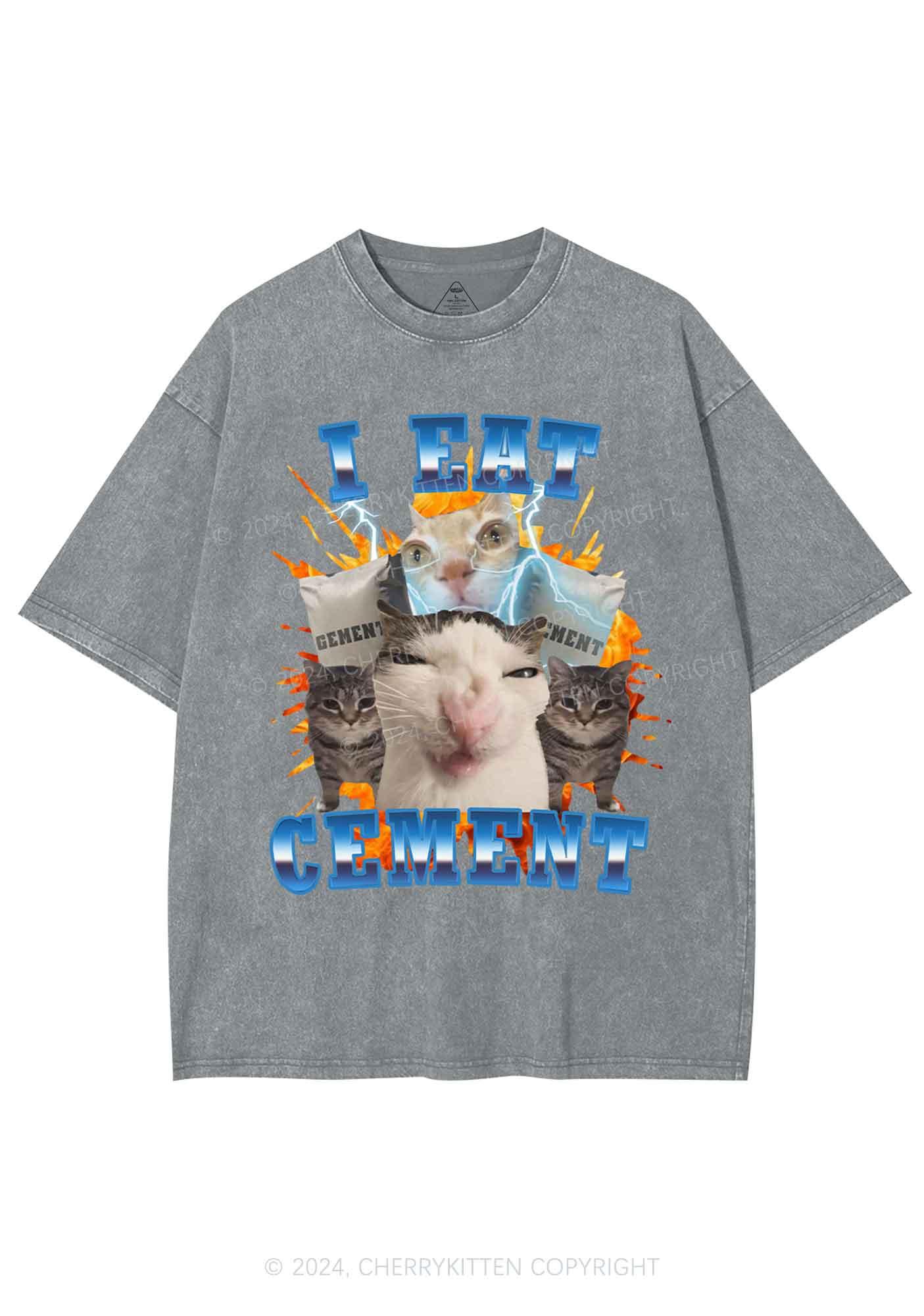 I Eat Cement Funny Cat Y2K Washed Tee Cherrykitten - Image 7