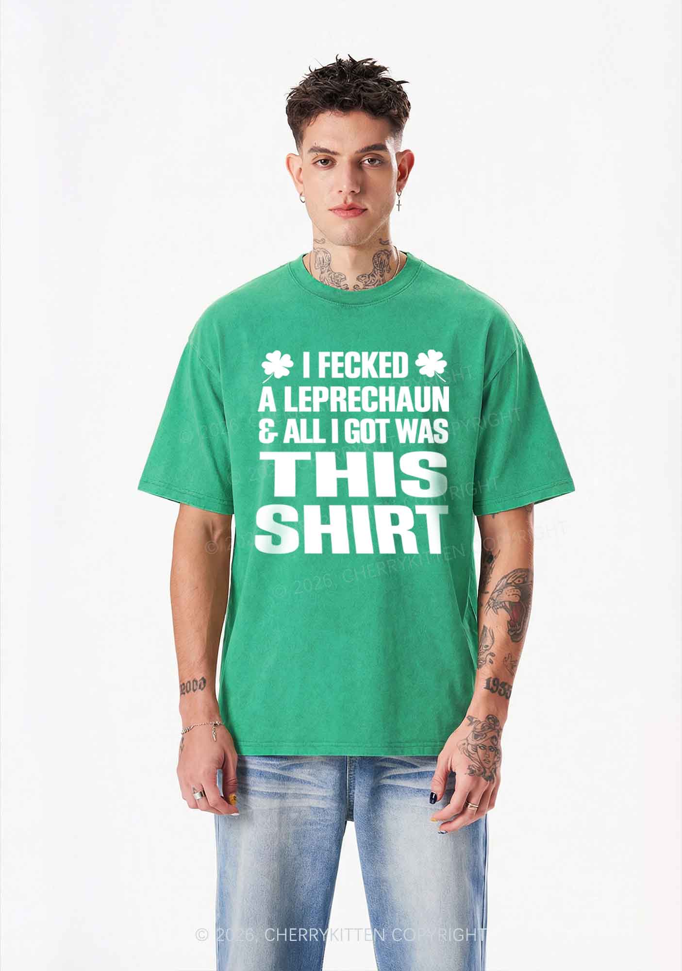I Fecked A Leprechaun St Patricks Y2K Shirts Washed Tee Cherrykitten - Image 2