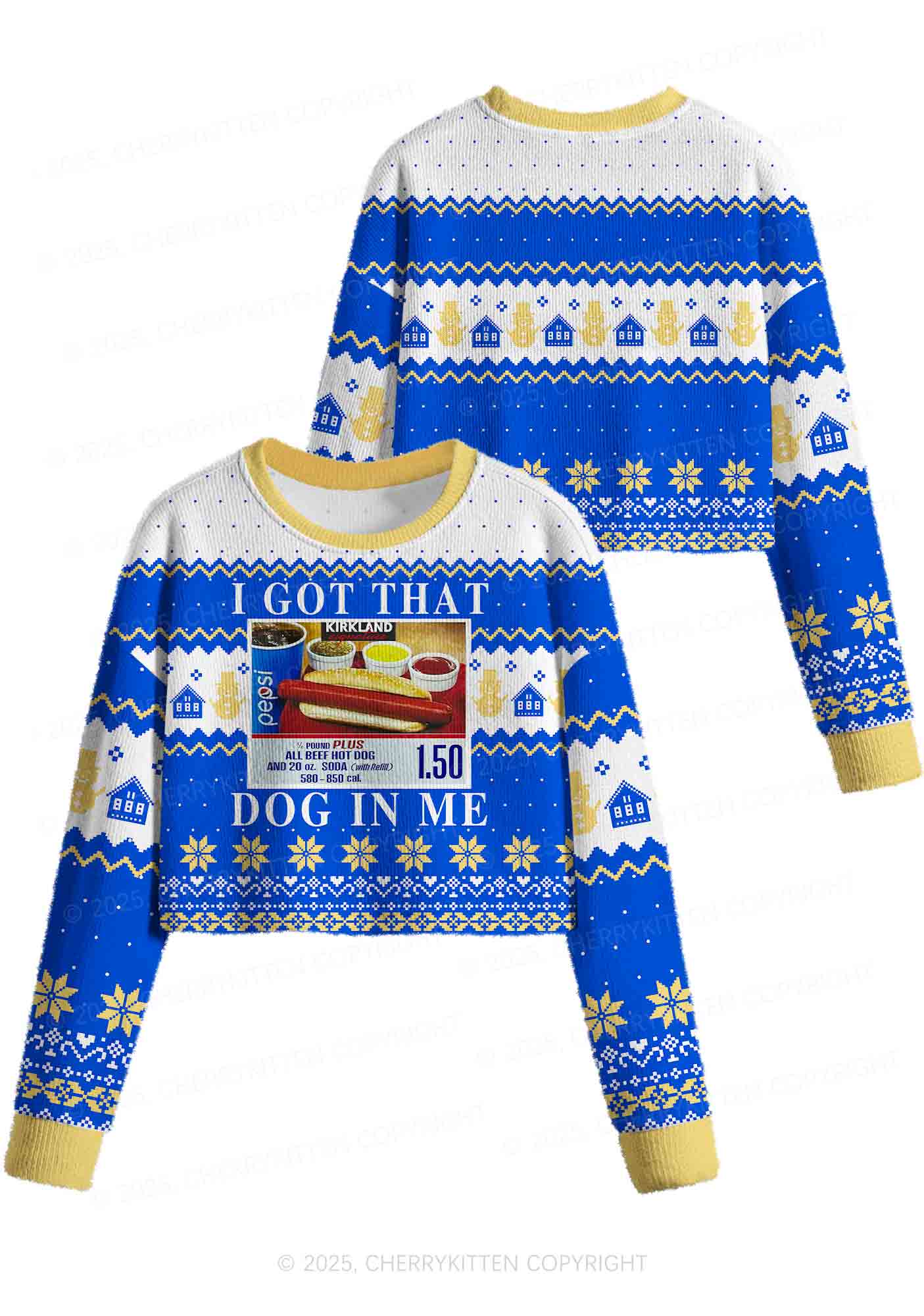 I Got That Hot Dog In Me Y2K Christmas Crop Knit Sweatshirt Cherrykitten - Image 3