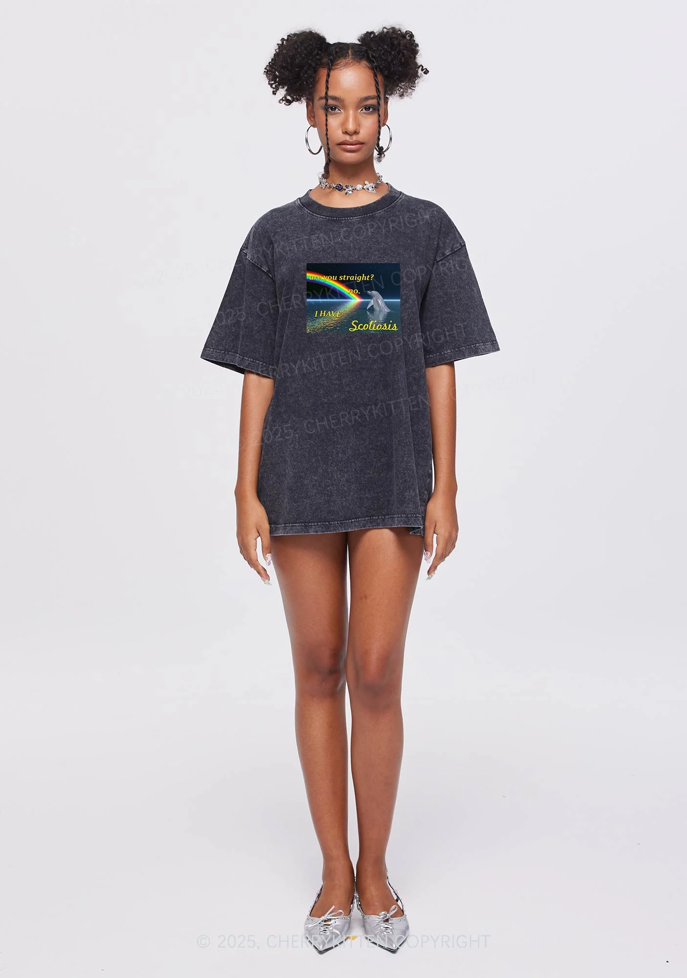 I Have Scoliosis Pride Y2K Shirts Washed Tee Cherrykitten - Image 2