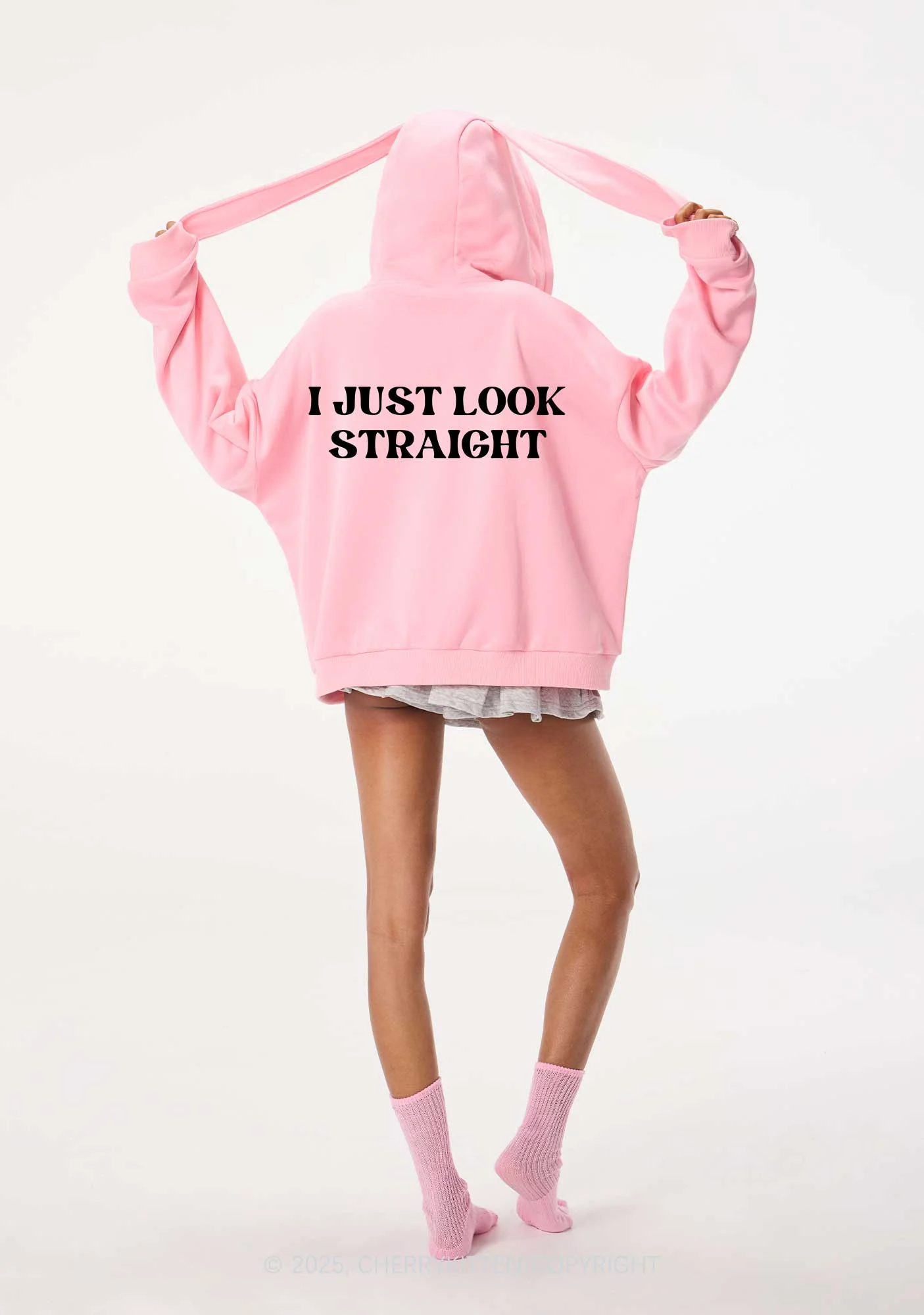 I Just Look Straight Y2K Bunny Ear Zip Hoodie Cherrykitten - Image 2