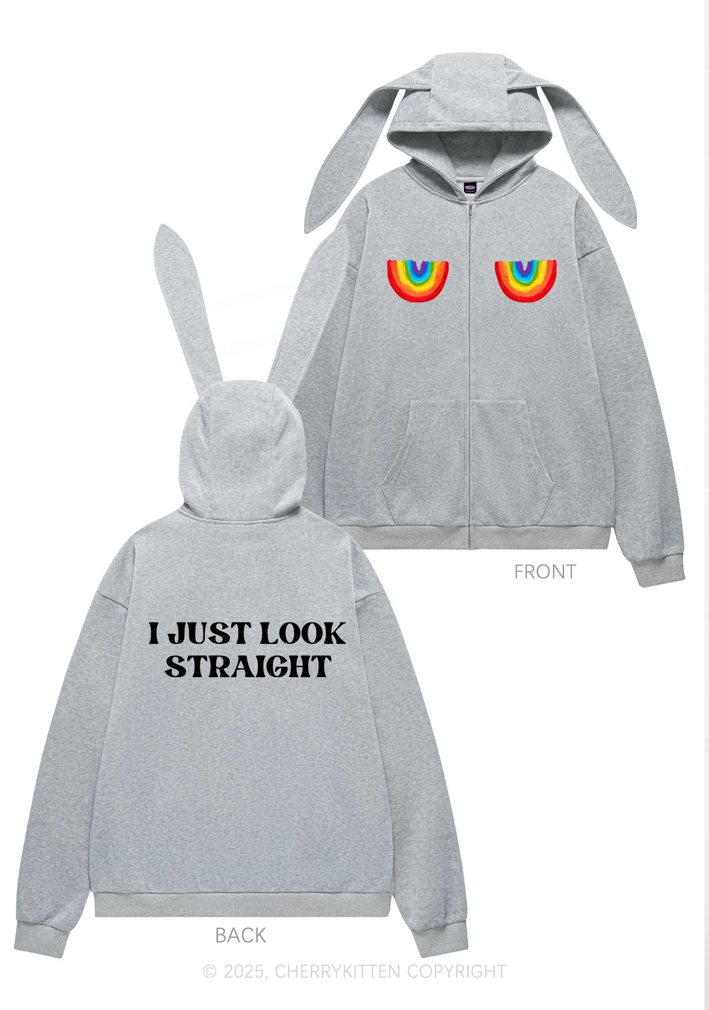 I Just Look Straight Y2K Bunny Ear Zip Hoodie Cherrykitten - Image 4