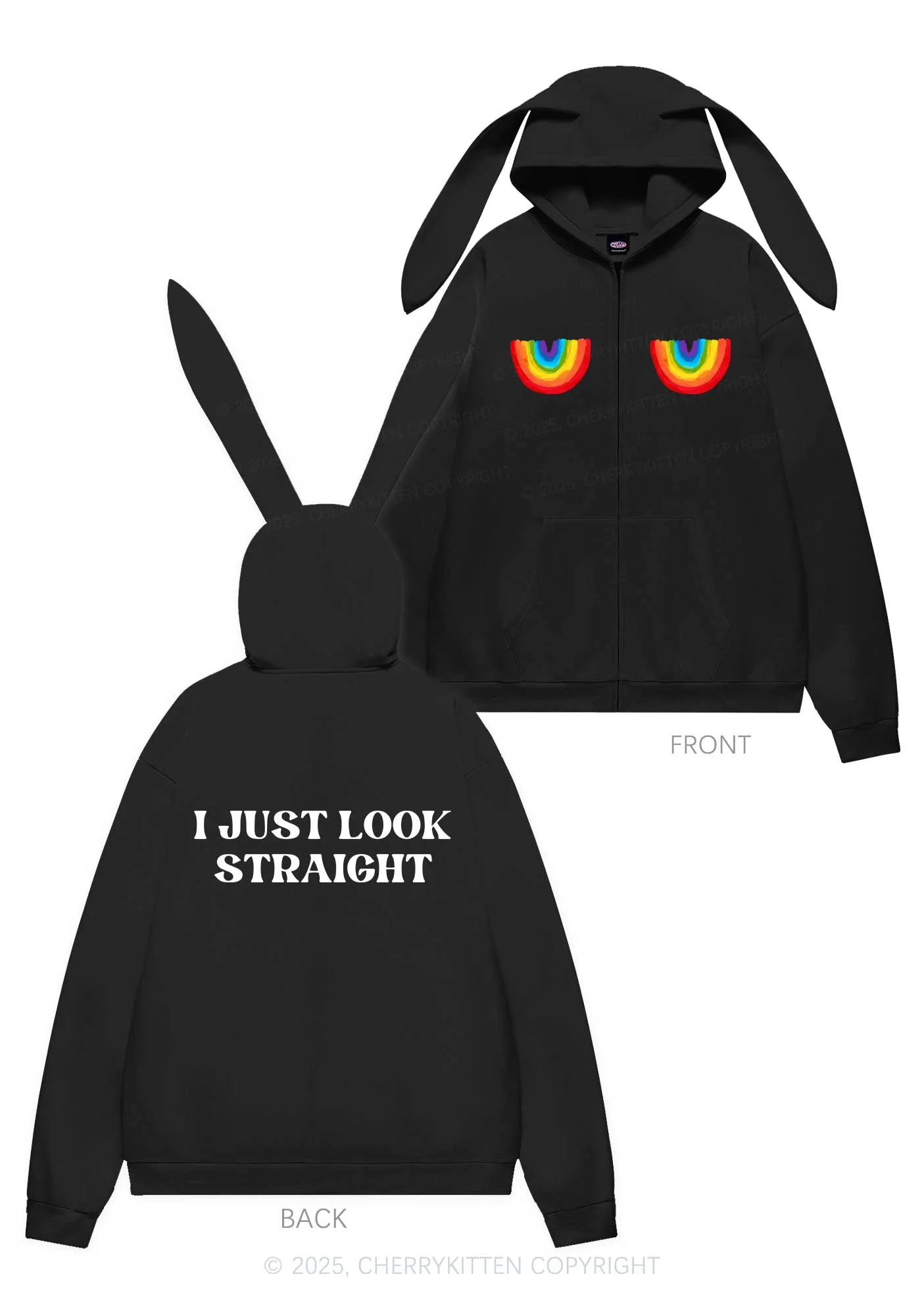 I Just Look Straight Y2K Bunny Ear Zip Hoodie Cherrykitten - Image 5