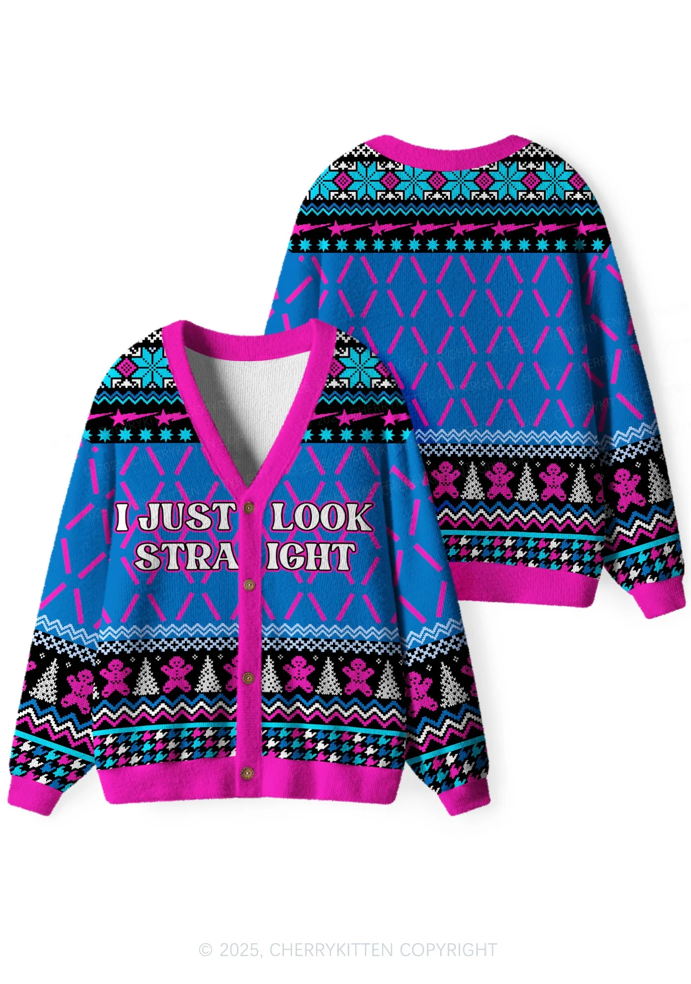 I Just Look Straight Y2K Christmas Cardigan Knit Sweatshirt Cherrykitten - Image 3