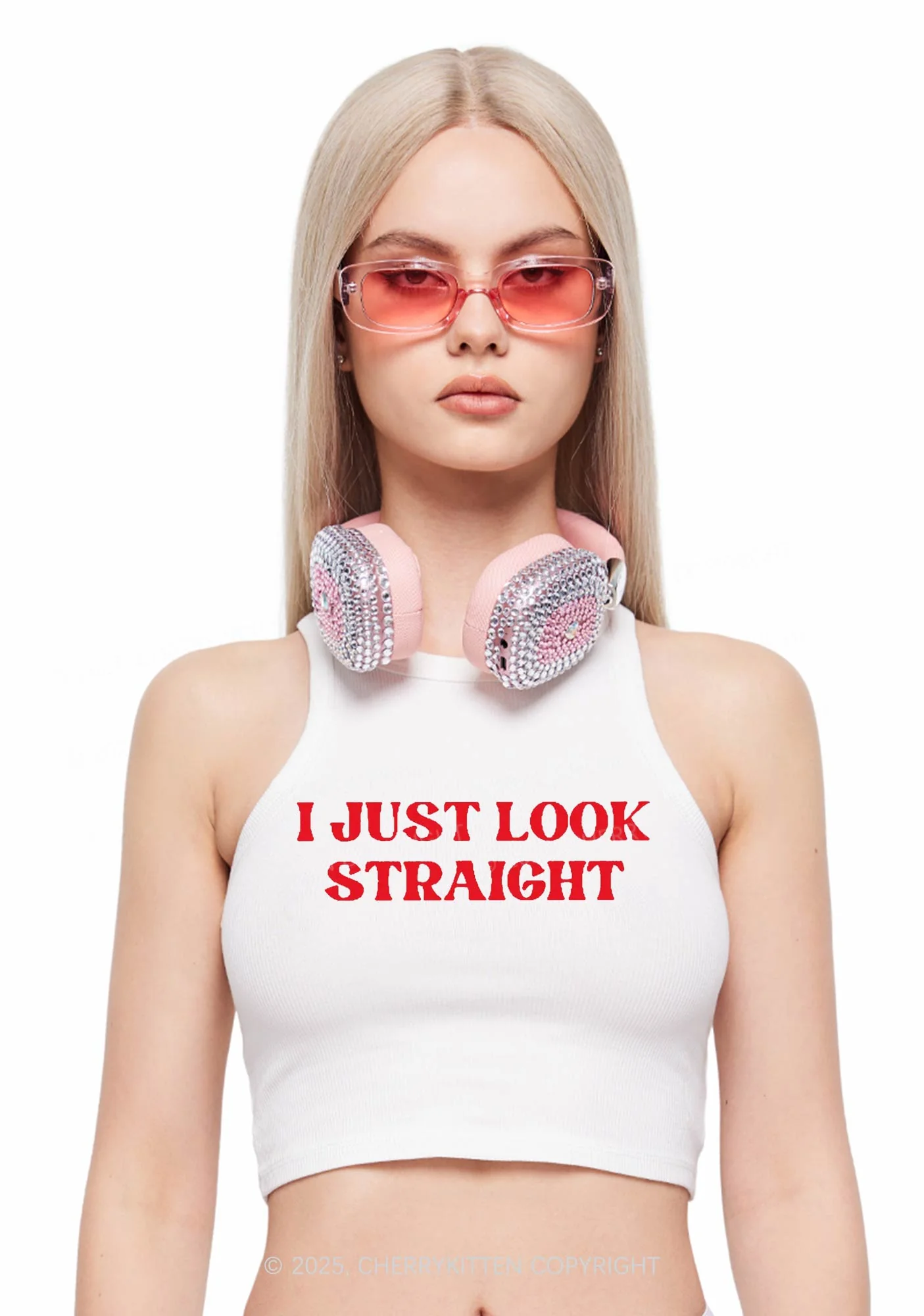 I Just Look Straight Y2K Crop Tank Top Cherrykitten - Image 2