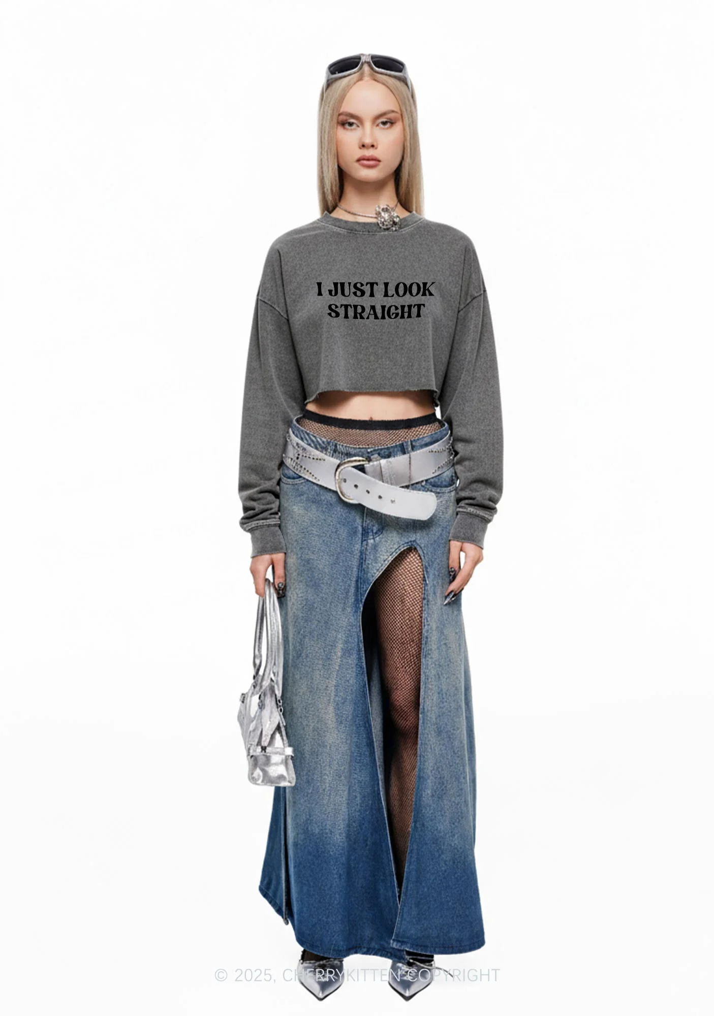 I Just Look Straight Y2K Crop Washed Sweatshirts Cherrykitten - Image 2