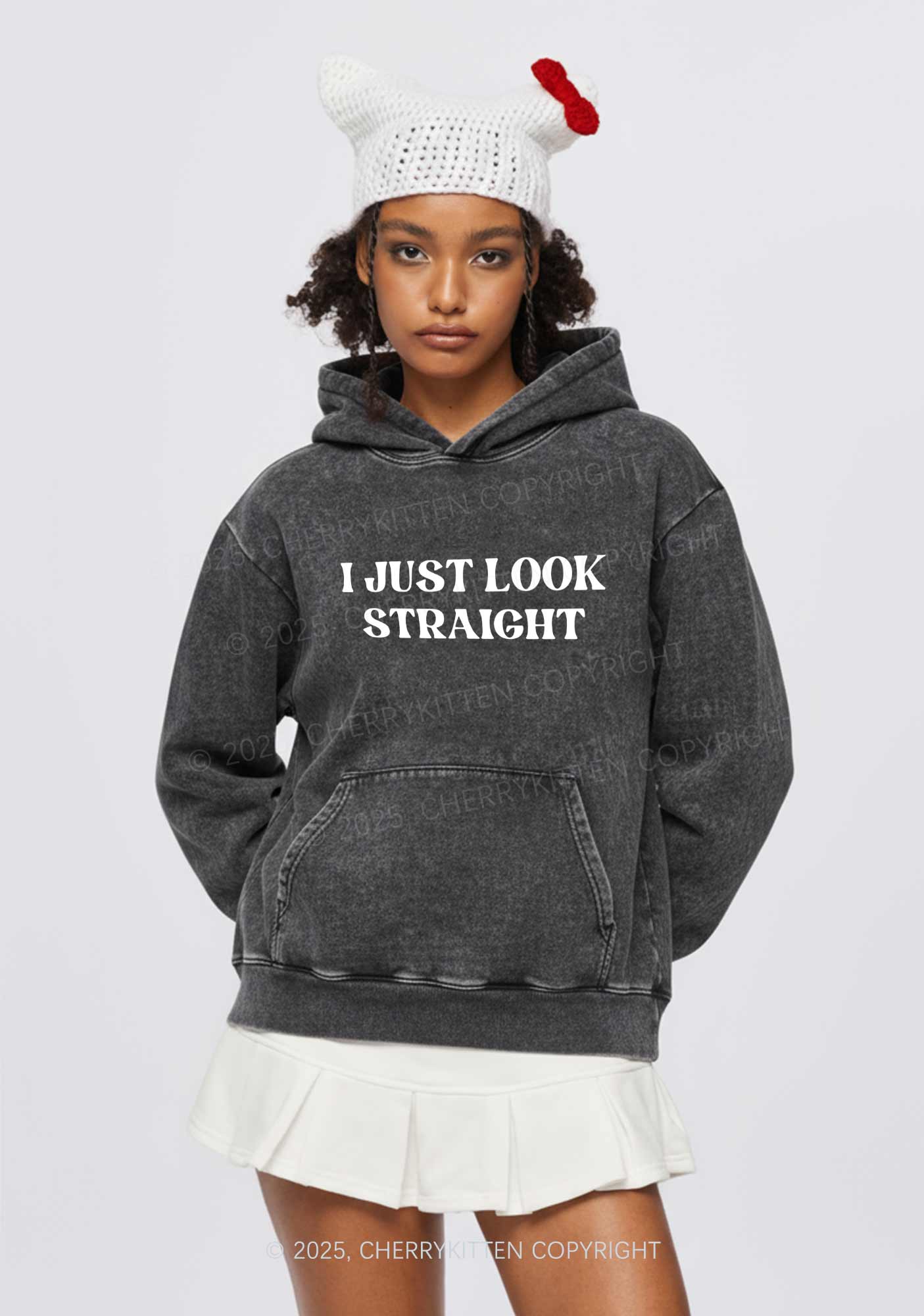 I Just Look Straight Y2K Washed Hoodie Cherrykitten - Image 2
