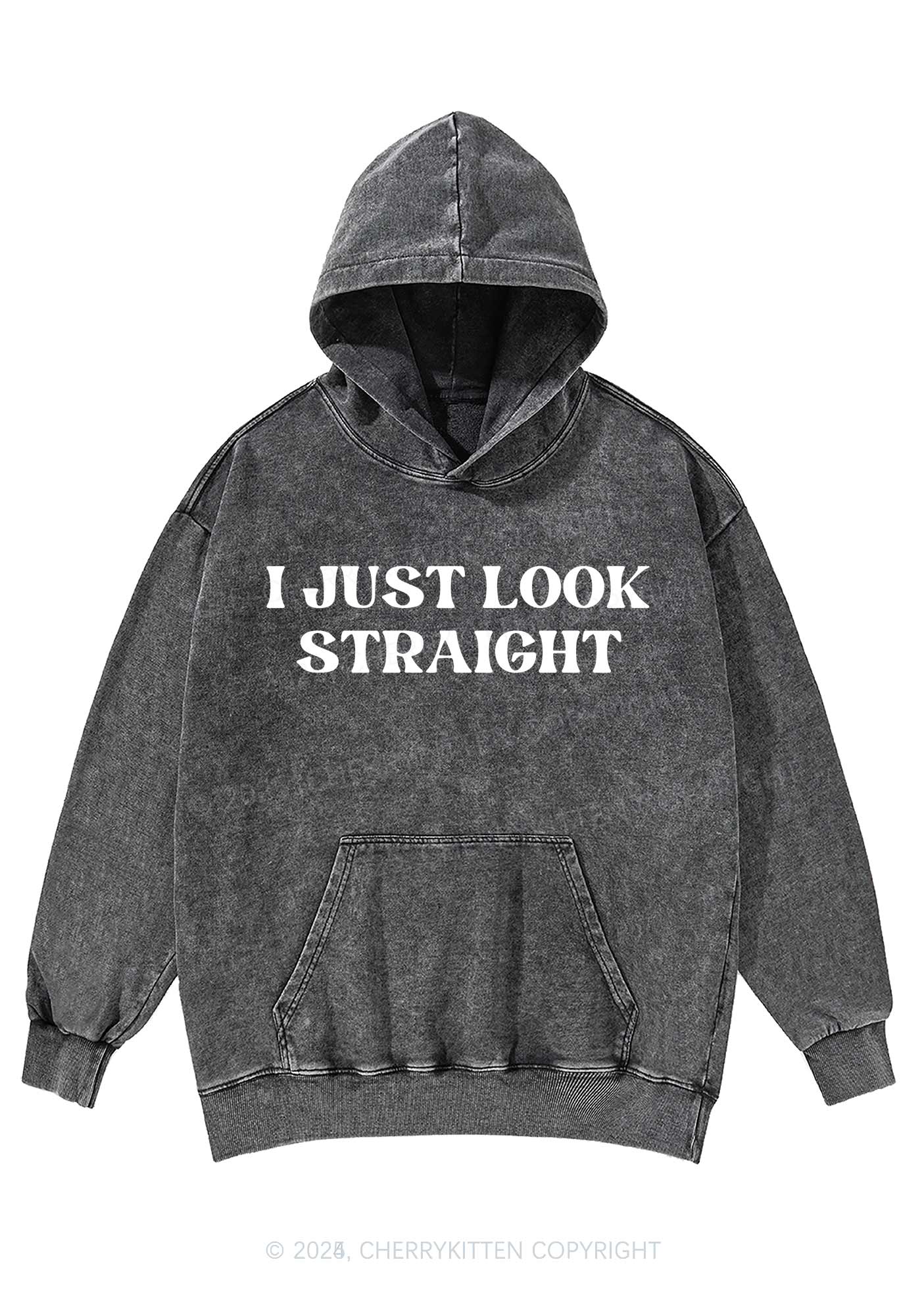 I Just Look Straight Y2K Washed Hoodie Cherrykitten - Image 3