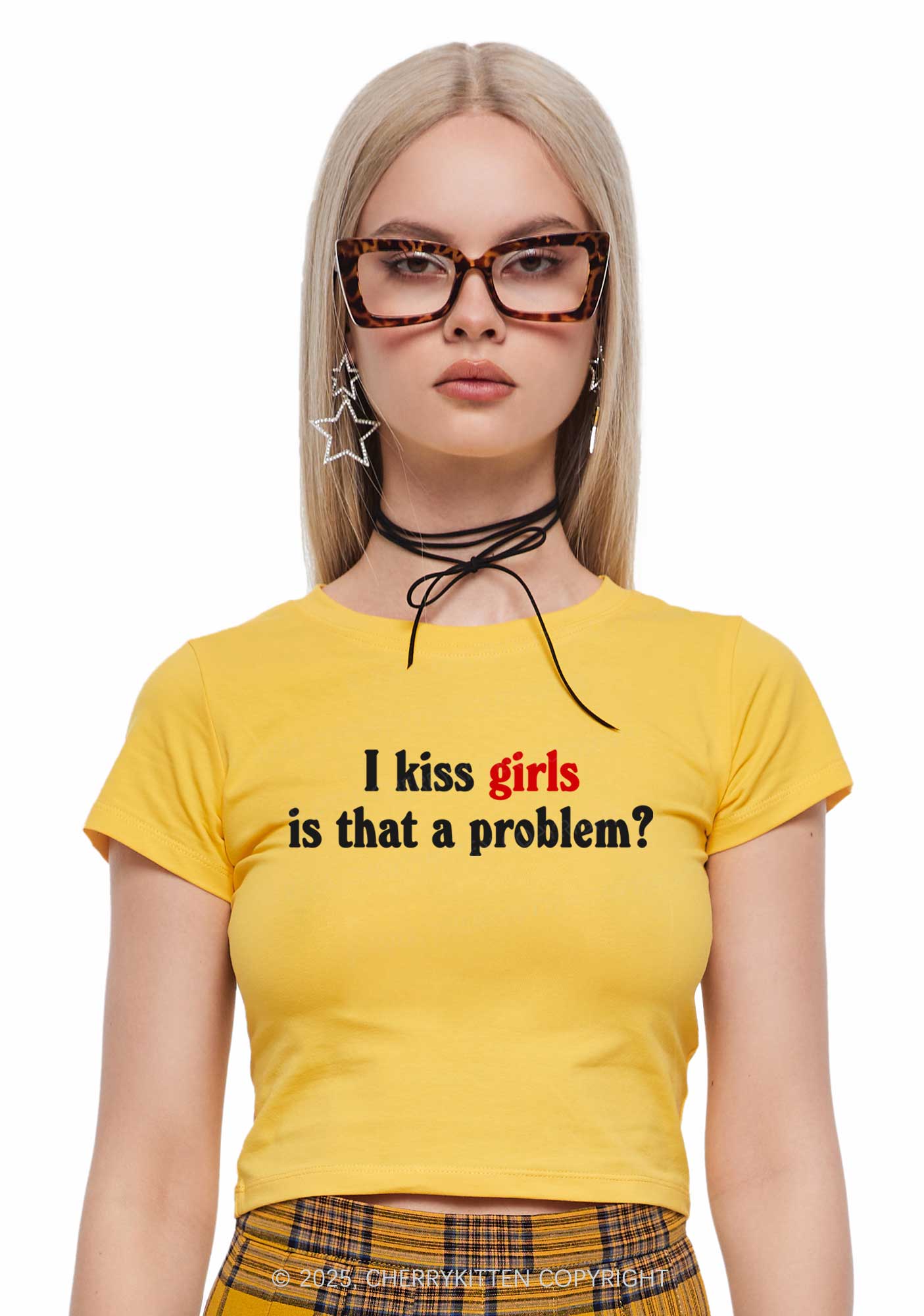 I Kiss Girls Y2K Baby Tee Cherrykitten - Image 2