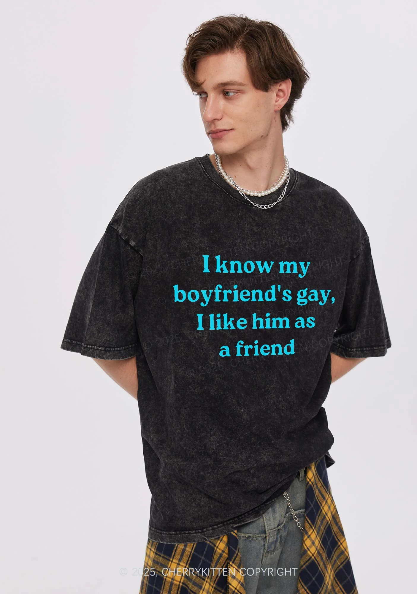 I Know My BF Is Gay Pride Y2K Shirts Washed Tee Cherrykitten - Image 2