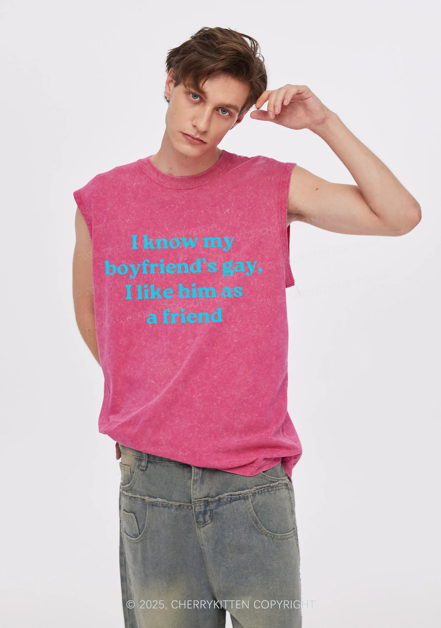 I Know My BF Is Gay Pride Y2K Washed Muscle Tank Cherrykitten - Image 2