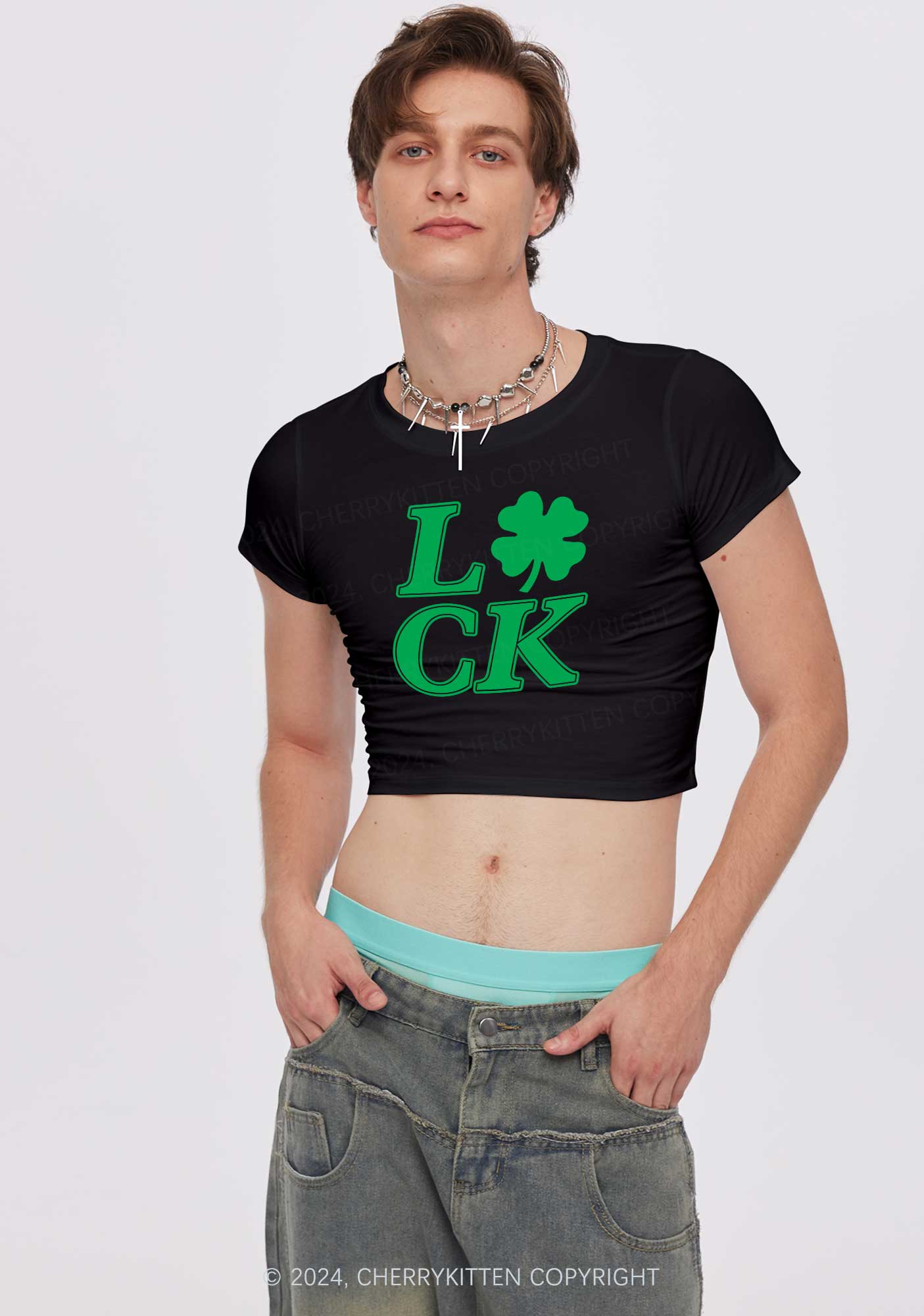 Lucky Clover St Patricks Y2K Baby Tee Cherrykitten - Image 3