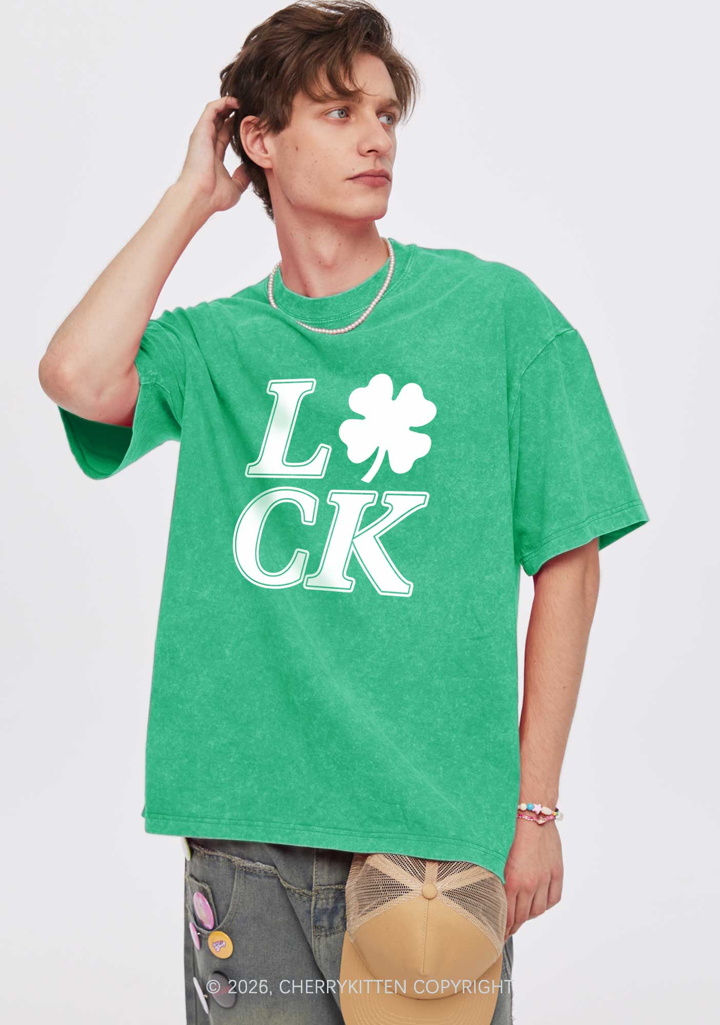 Lucky Clover St Patricks Y2K Washed Tee Cherrykitten - Image 2