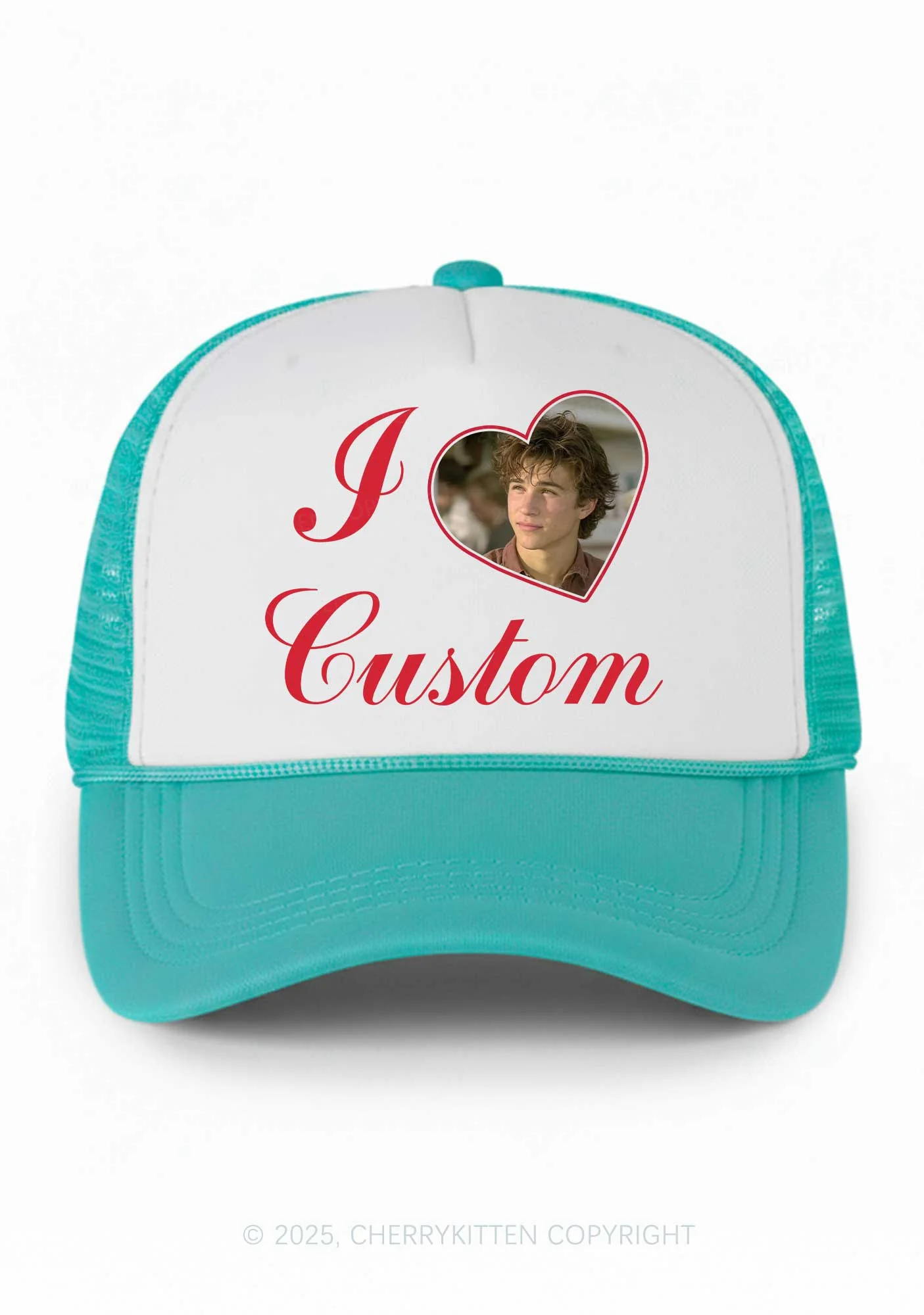 I Love Custom Photo Valentine's Day Y2K Colorblock Trucker Hat Cherrykitten - Image 10