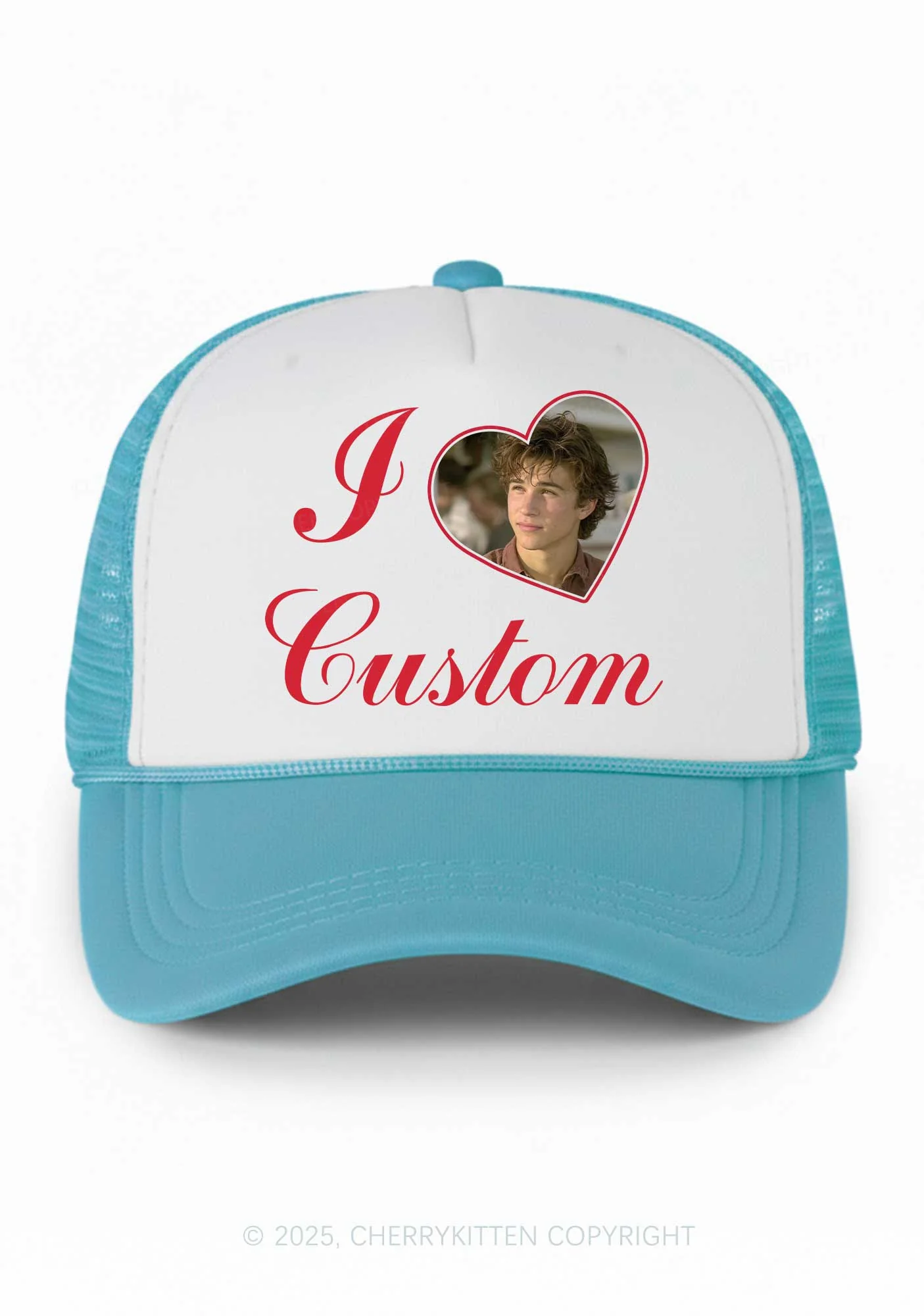 I Love Custom Photo Valentine's Day Y2K Colorblock Trucker Hat Cherrykitten - Image 11