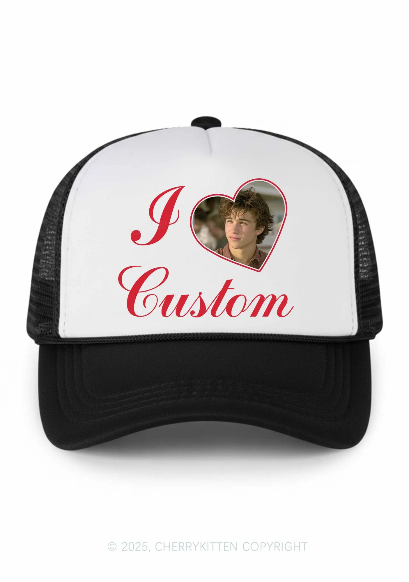 I Love Custom Photo Valentine's Day Y2K Colorblock Trucker Hat Cherrykitten - Image 2