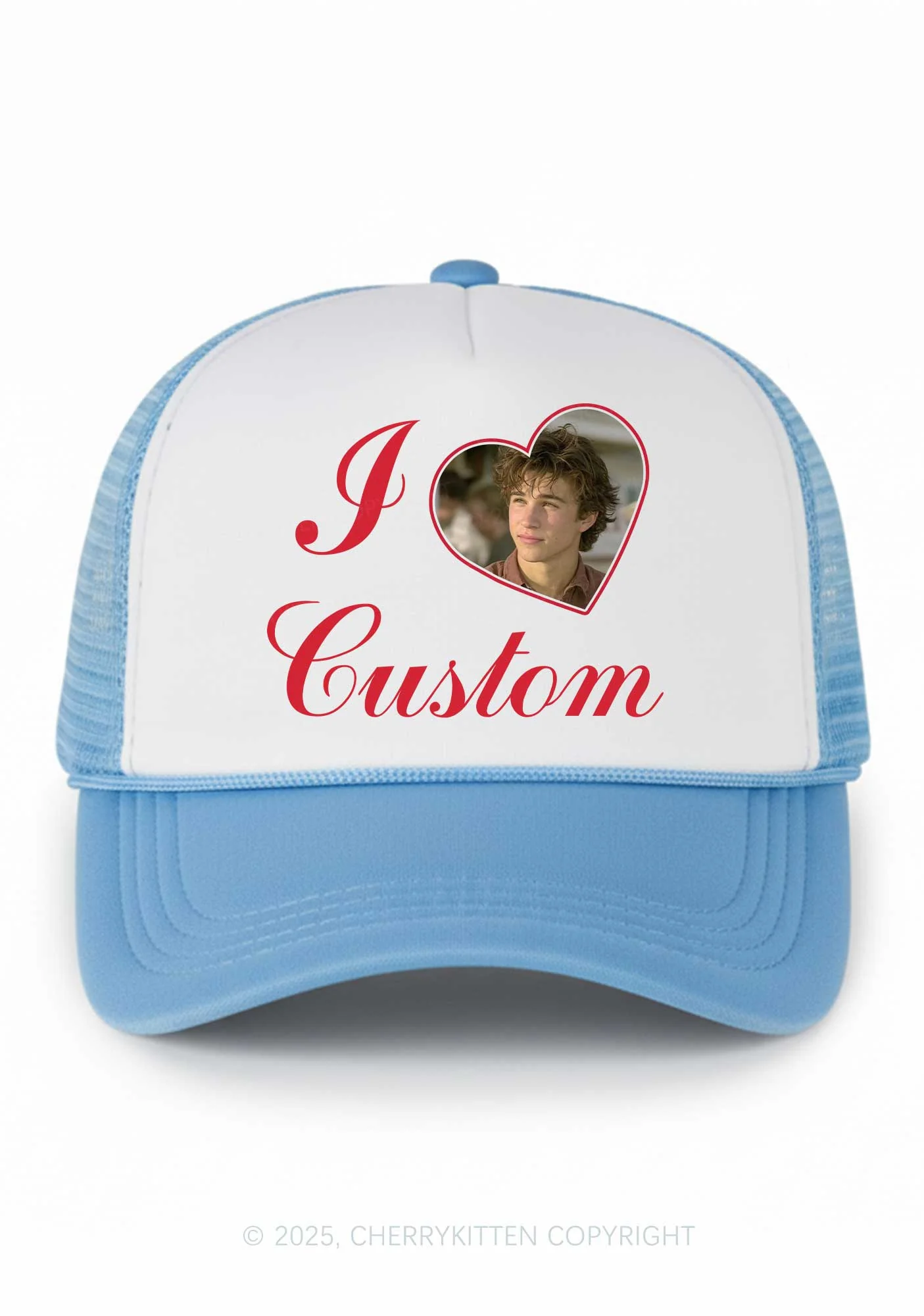 I Love Custom Photo Valentine's Day Y2K Colorblock Trucker Hat Cherrykitten - Image 5