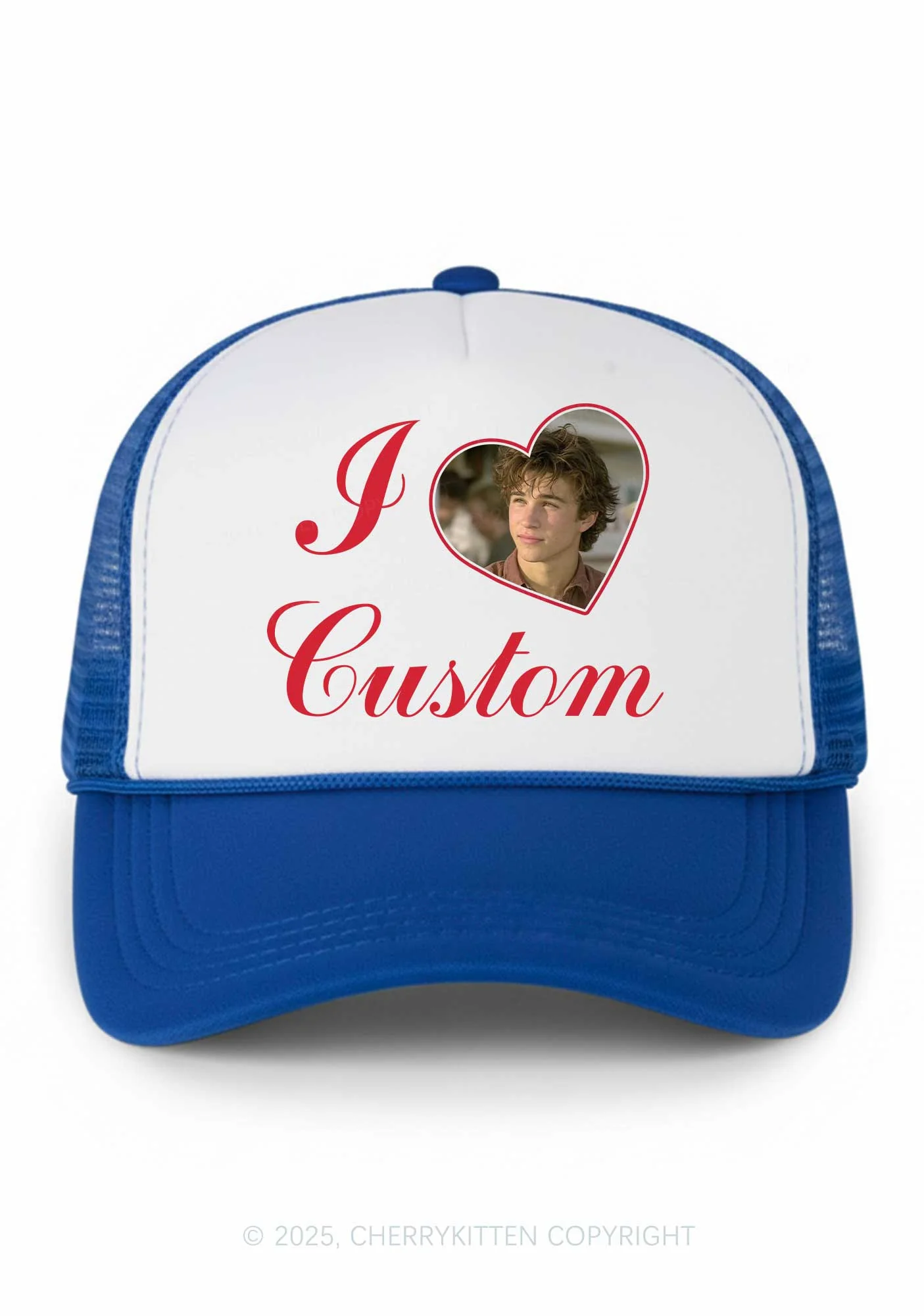 I Love Custom Photo Valentine's Day Y2K Colorblock Trucker Hat Cherrykitten - Image 6