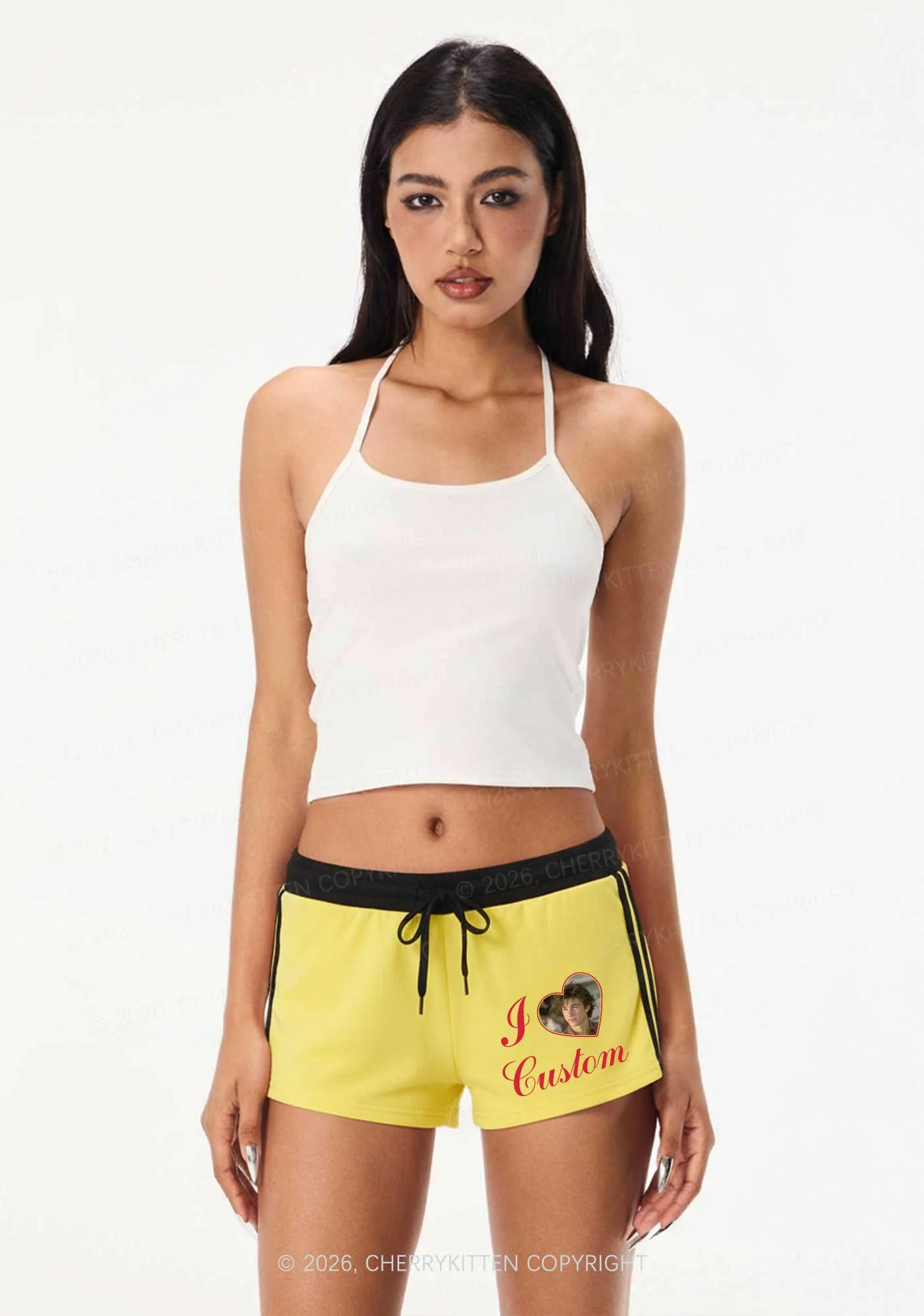 I Love Custom Photo Valentine's Day Y2K Drawstring Mini Shorts Cherrykitten - Image 2