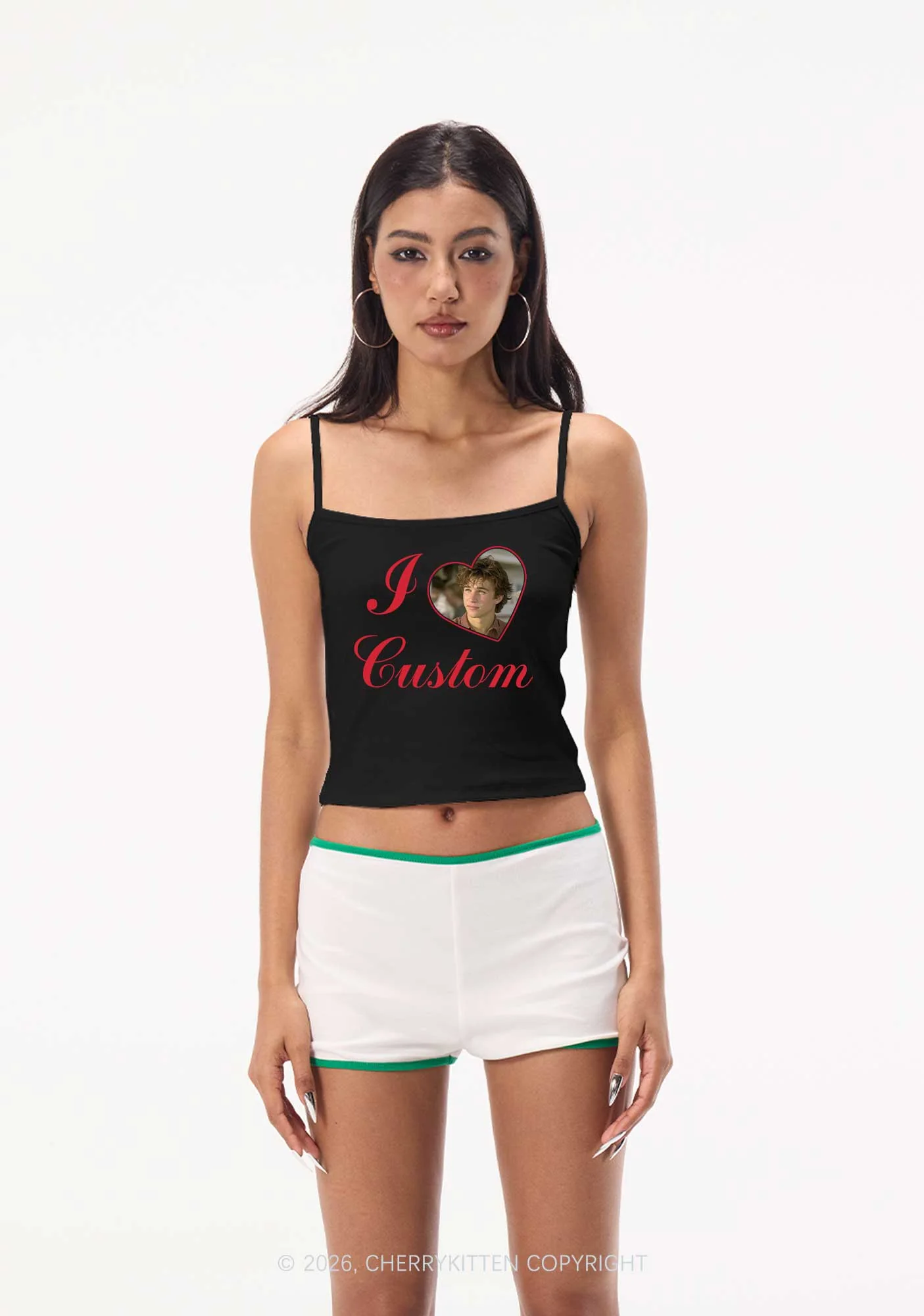 I Love Custom Photo Valentine's Day Y2K Spaghetti Strap Cami Cherrykitten - Image 2
