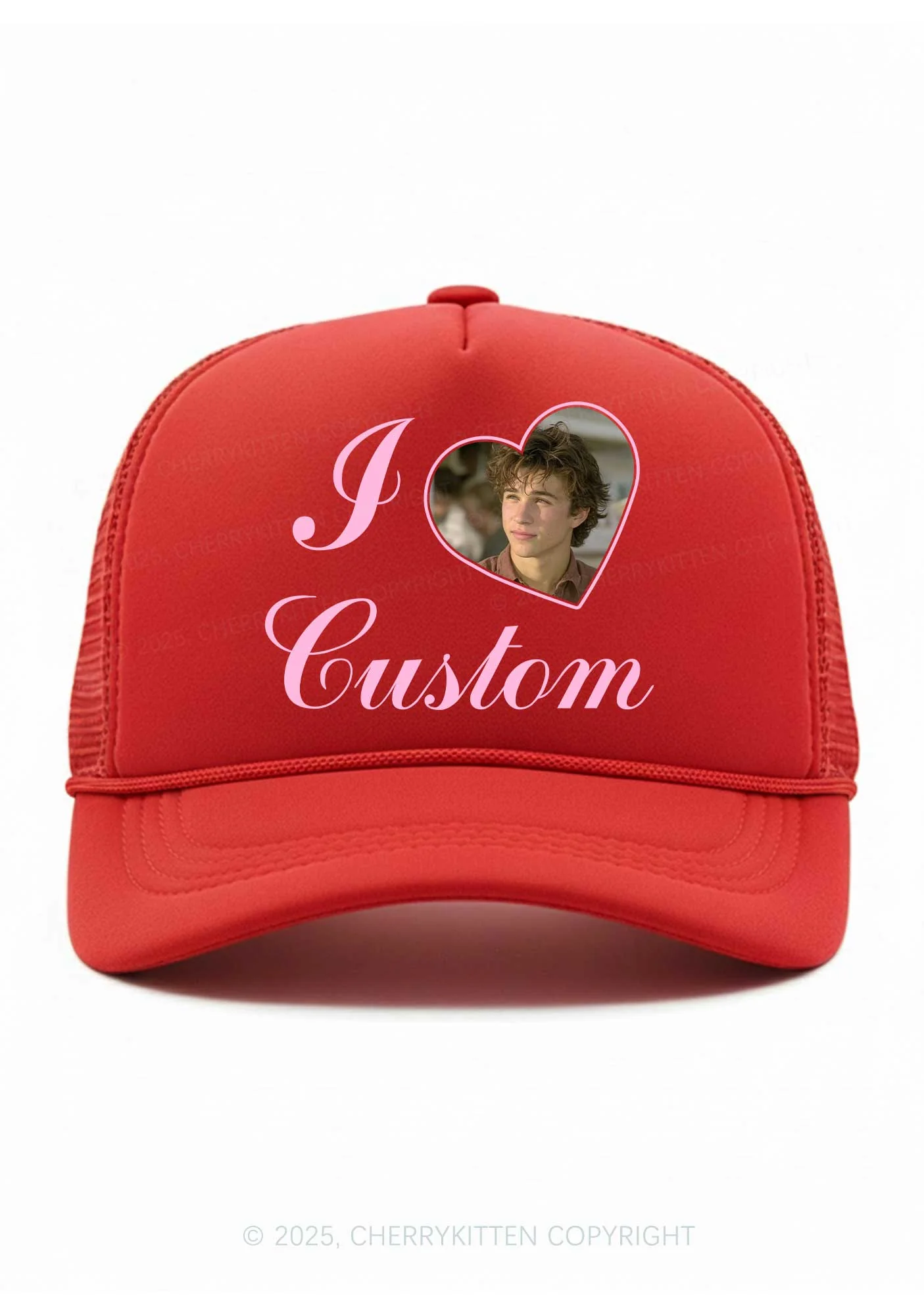 I Love Custom Photo Valentine's Day Y2K Trucker Hat Cherrykitten - Image 7