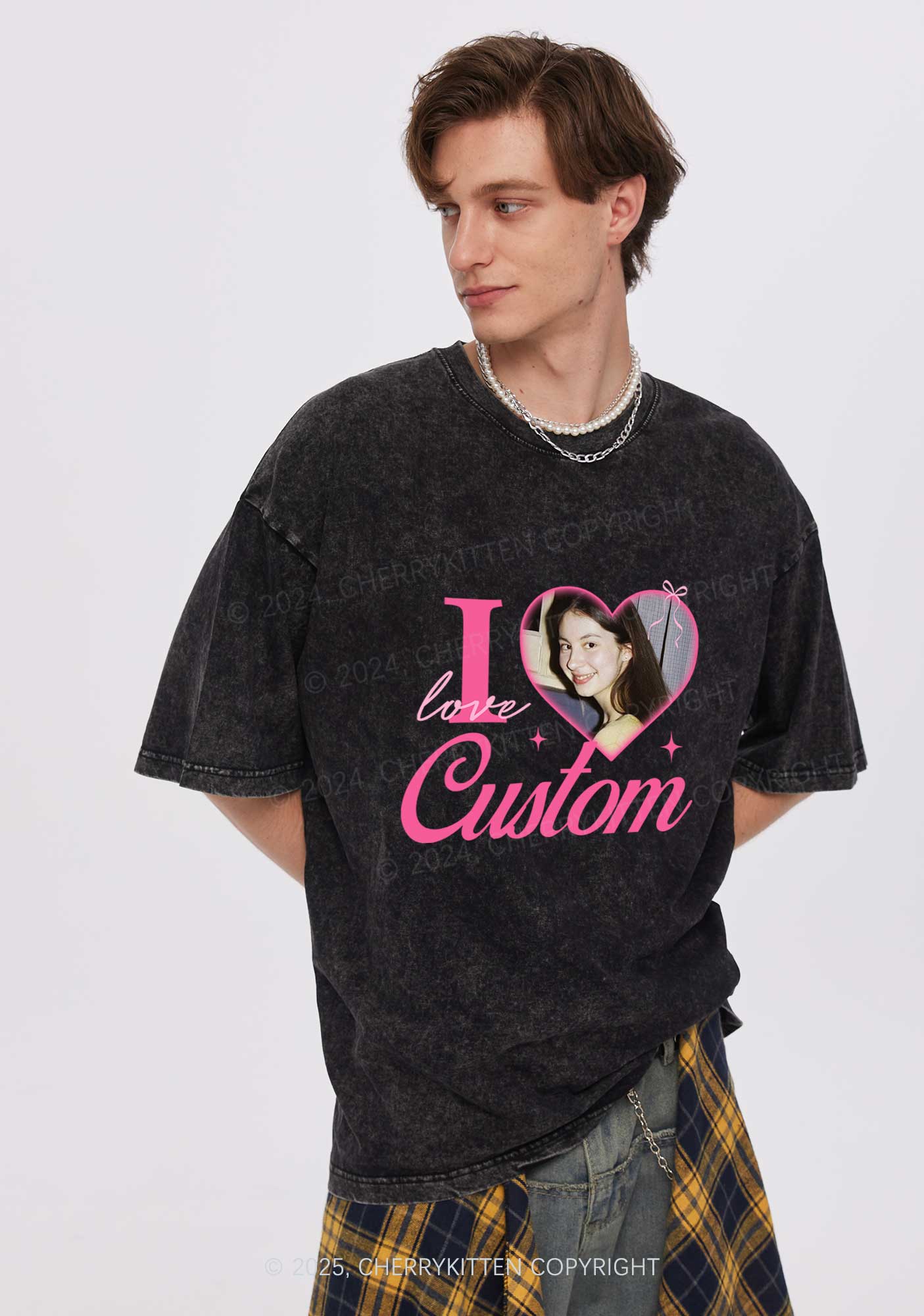 I Love Custom Photo Y2K Valentine's Day Washed Tee Cherrykitten - Image 2