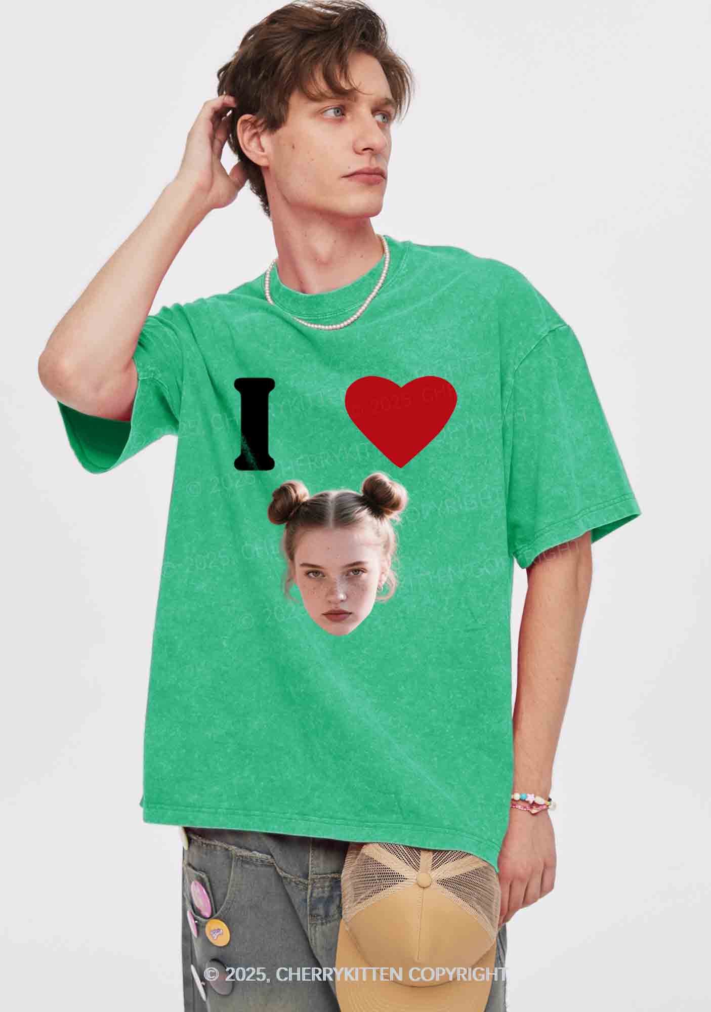 I Love Custom Portrait Y2K Valentine's Day Washed Tee Cherrykitten - Image 3