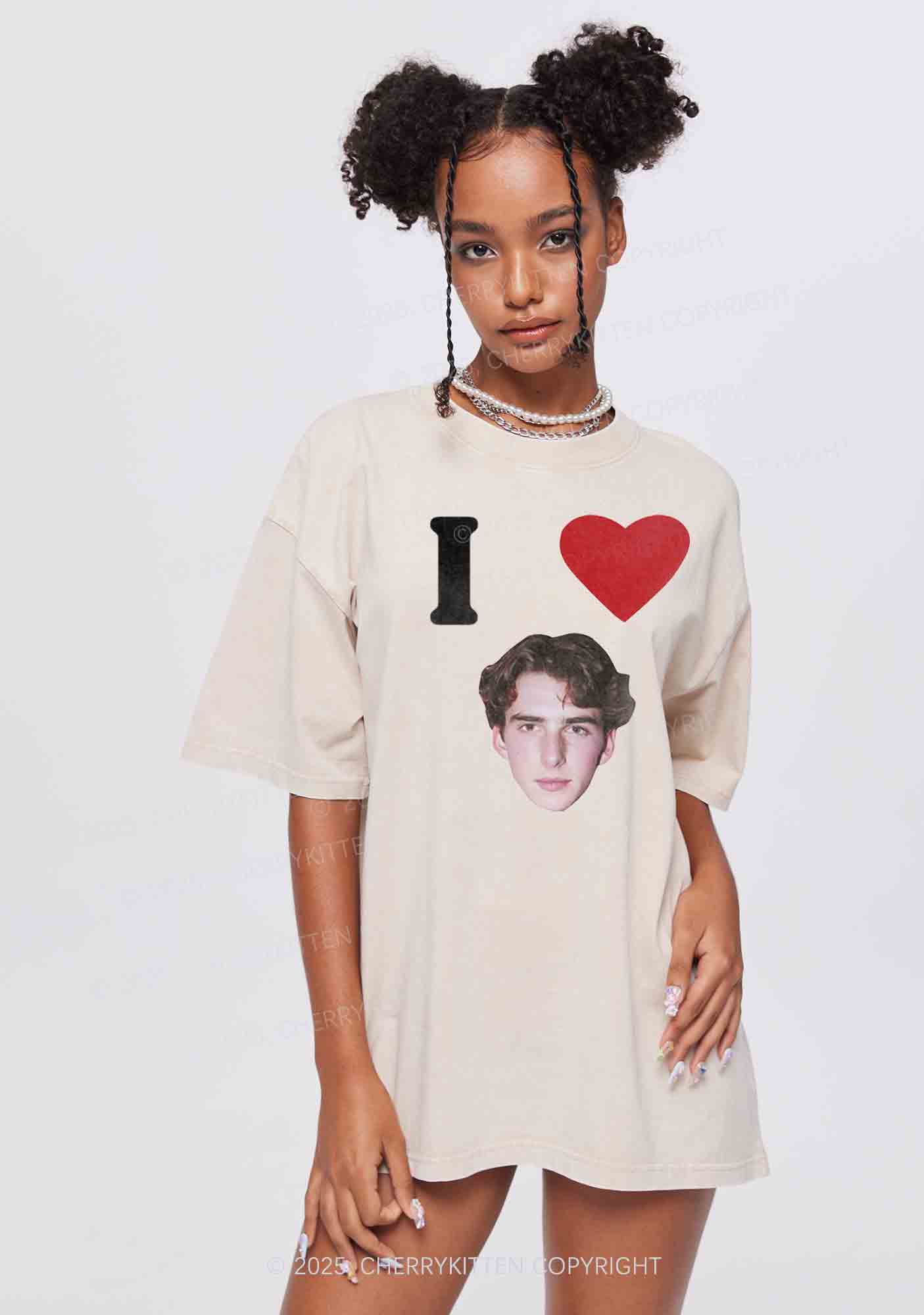 I Love Custom Portrait Y2K Valentine's Day Washed Tee Cherrykitten - Image 4